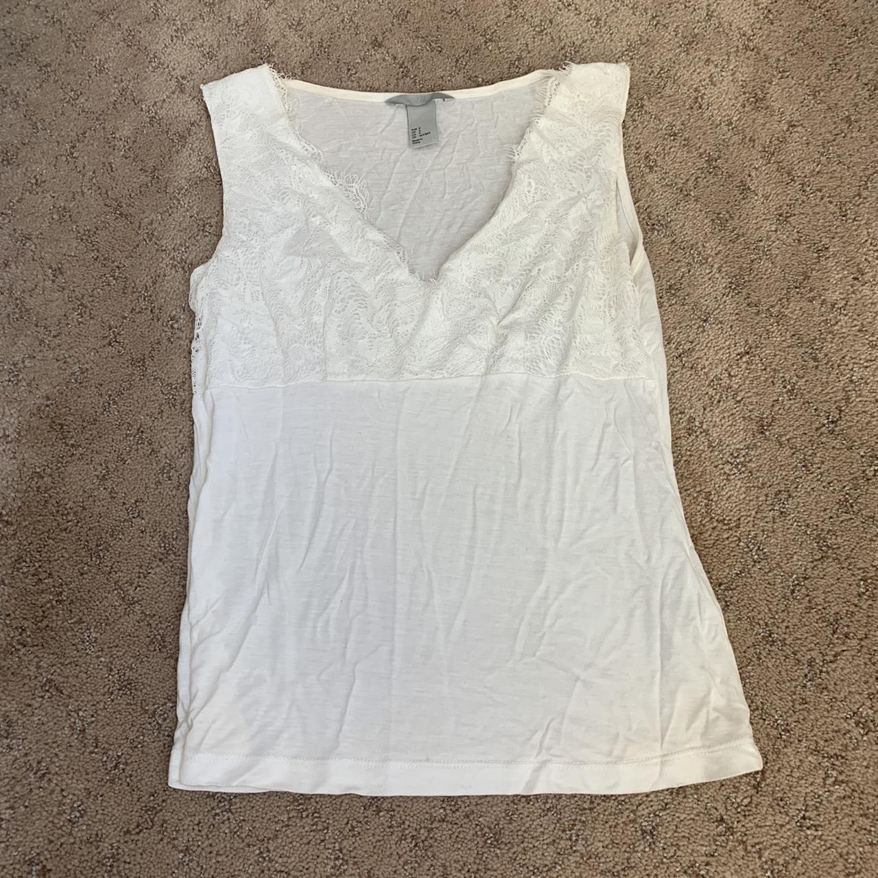 White v neck tank top with lace, thin sheer... - Depop