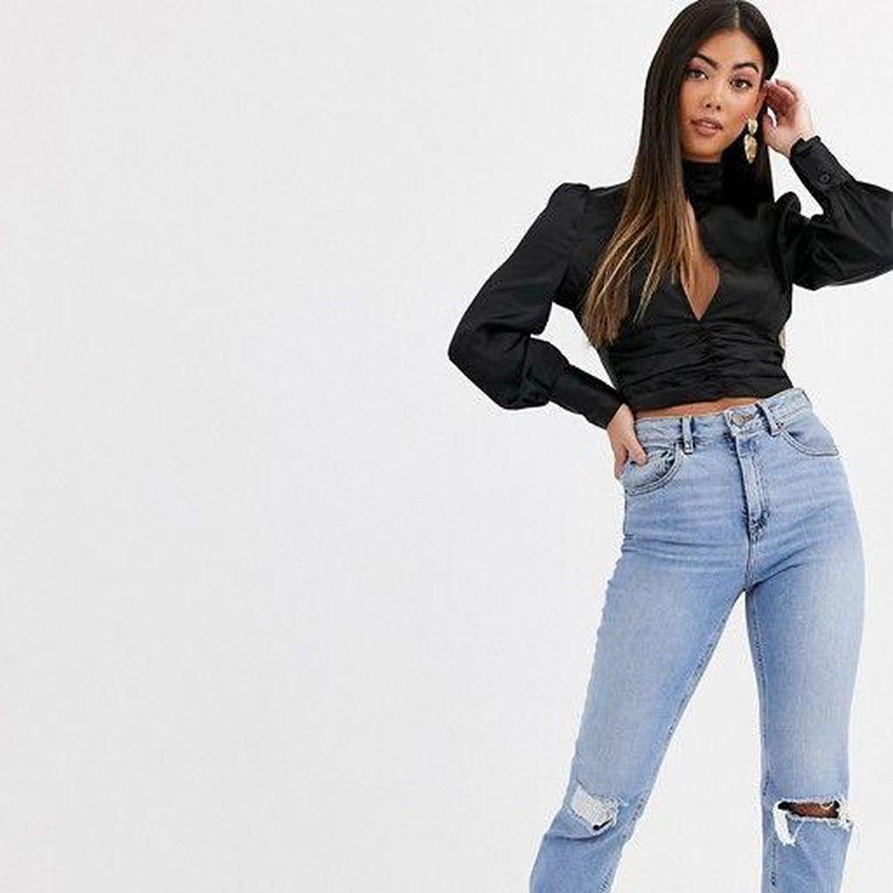 Boohoo petite satin high neck blouse with open Depop