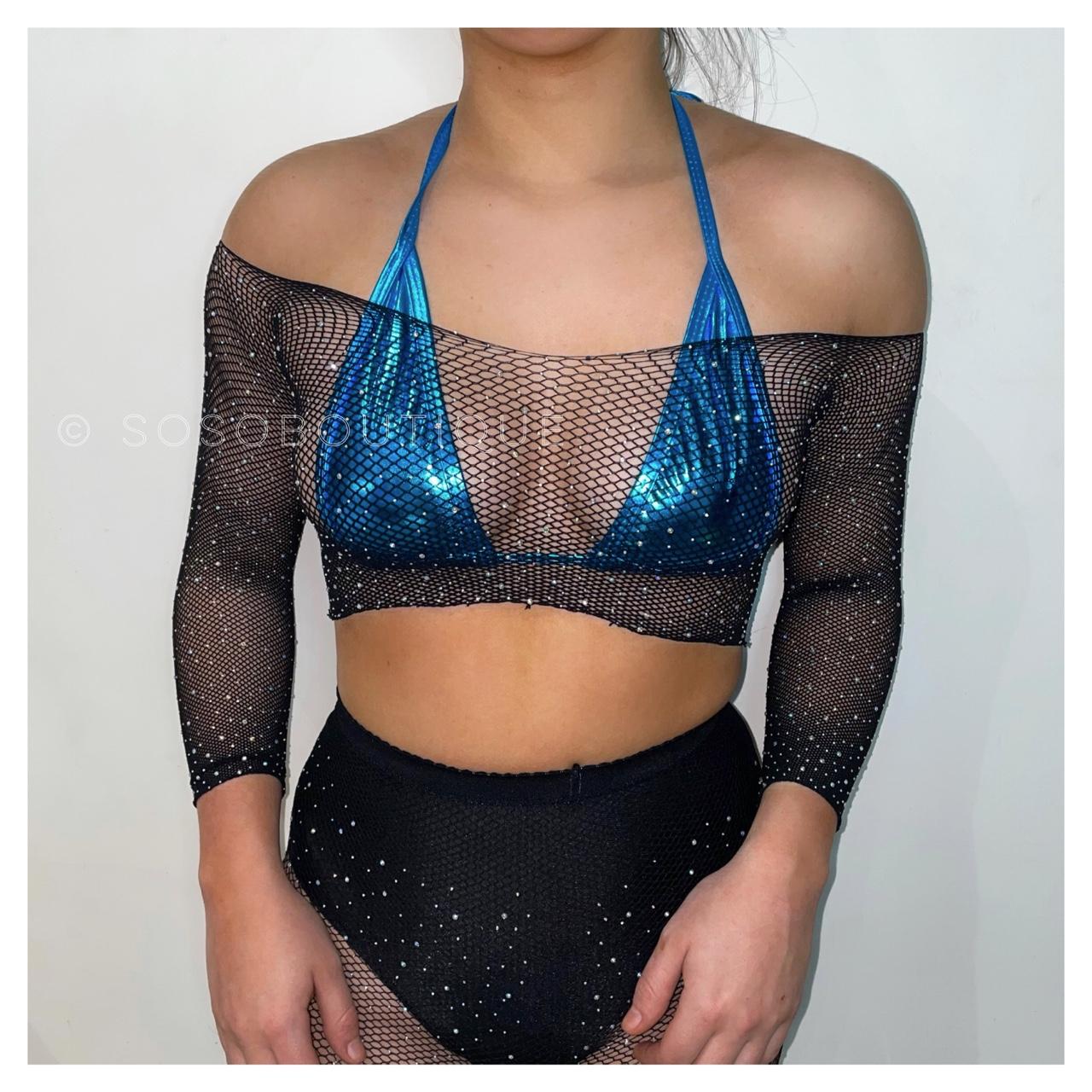 🤍 black bardot diamonte crop top 😍 black rhinestone - Depop