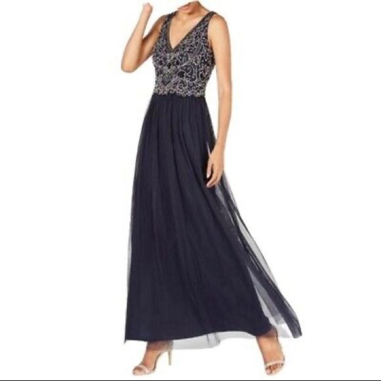 Adrianna Papell Navy Blue Gown Sequin Bust Tulle