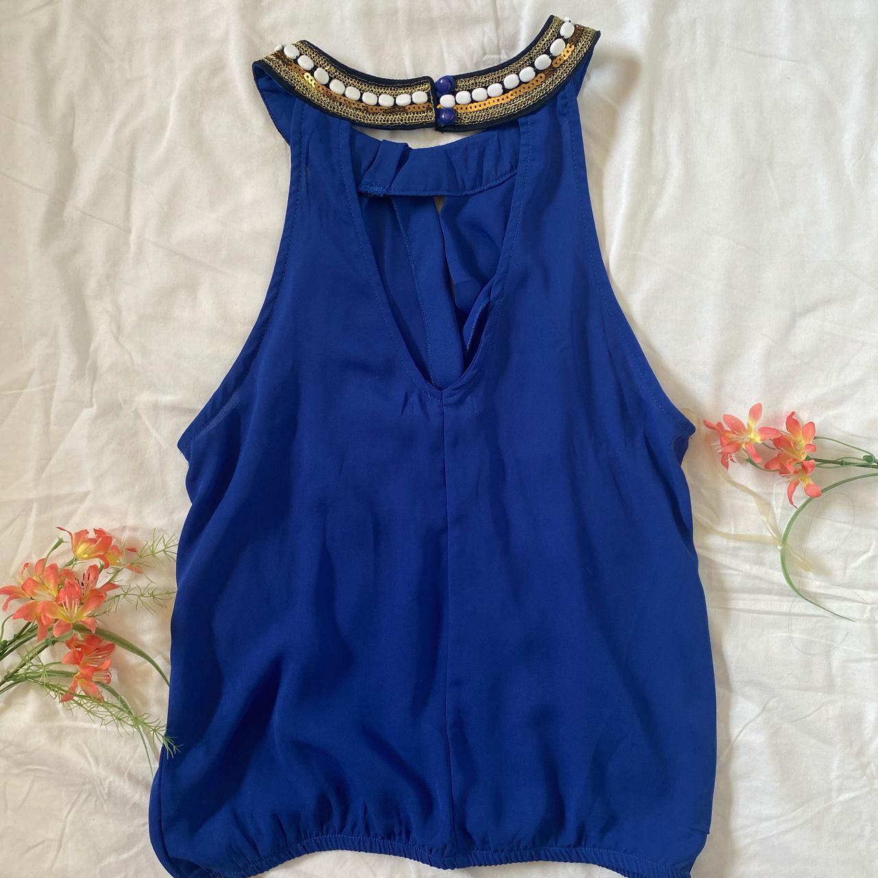 Royal blue sleeveless blouse with gold/white... - Depop