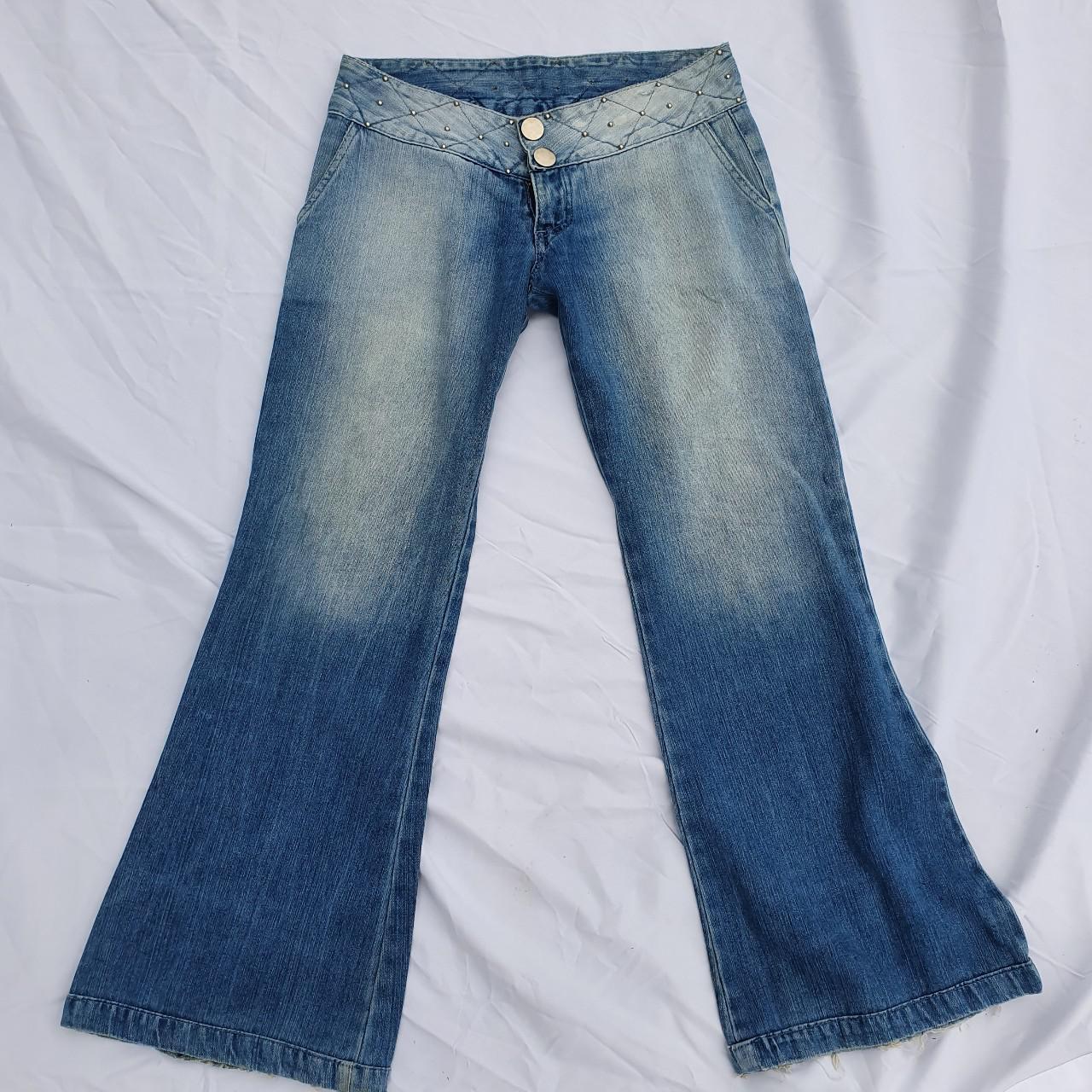 Georgeuos low rise 90s flared studded jeans Light... - Depop