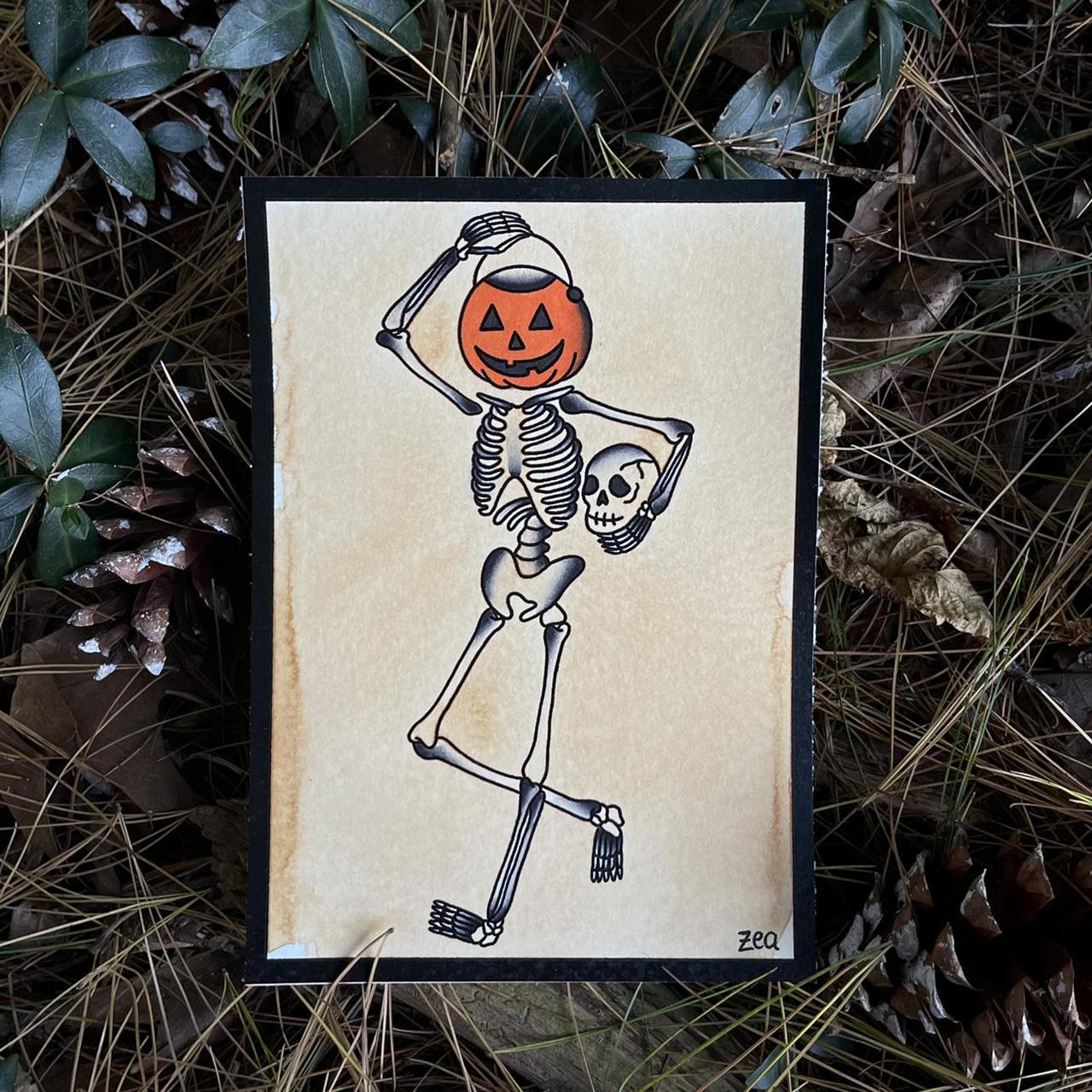 Pumpkinhead skeleton tattoo flash. 5” x 7” in size.... - Depop