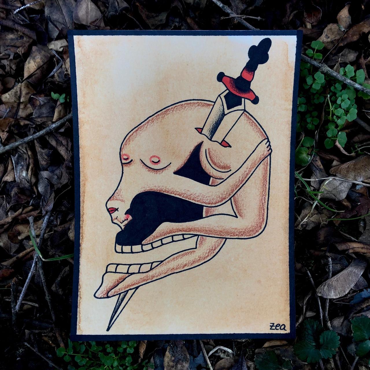 Bent skull girl tattoo flash. 5” x 7” in size.... - Depop