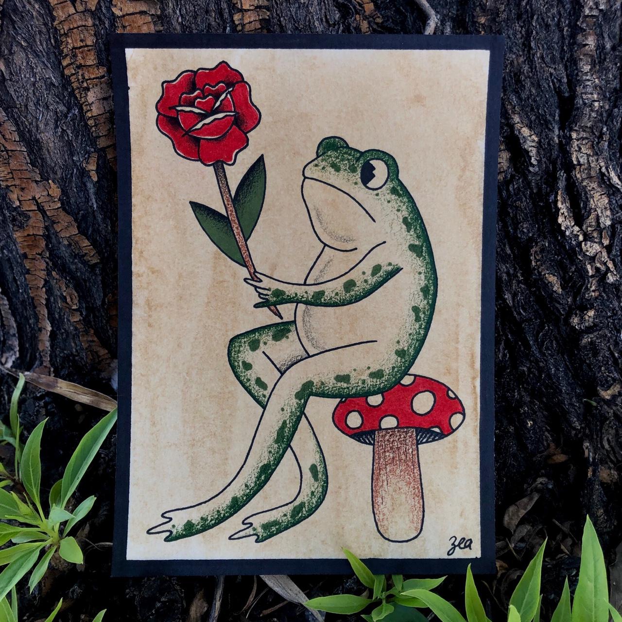 Got a cool frog sittin on a mushroom as my first tattoo by Lloyd Perkins   Purple Rose Bristol UK  rtraditionaltattoos