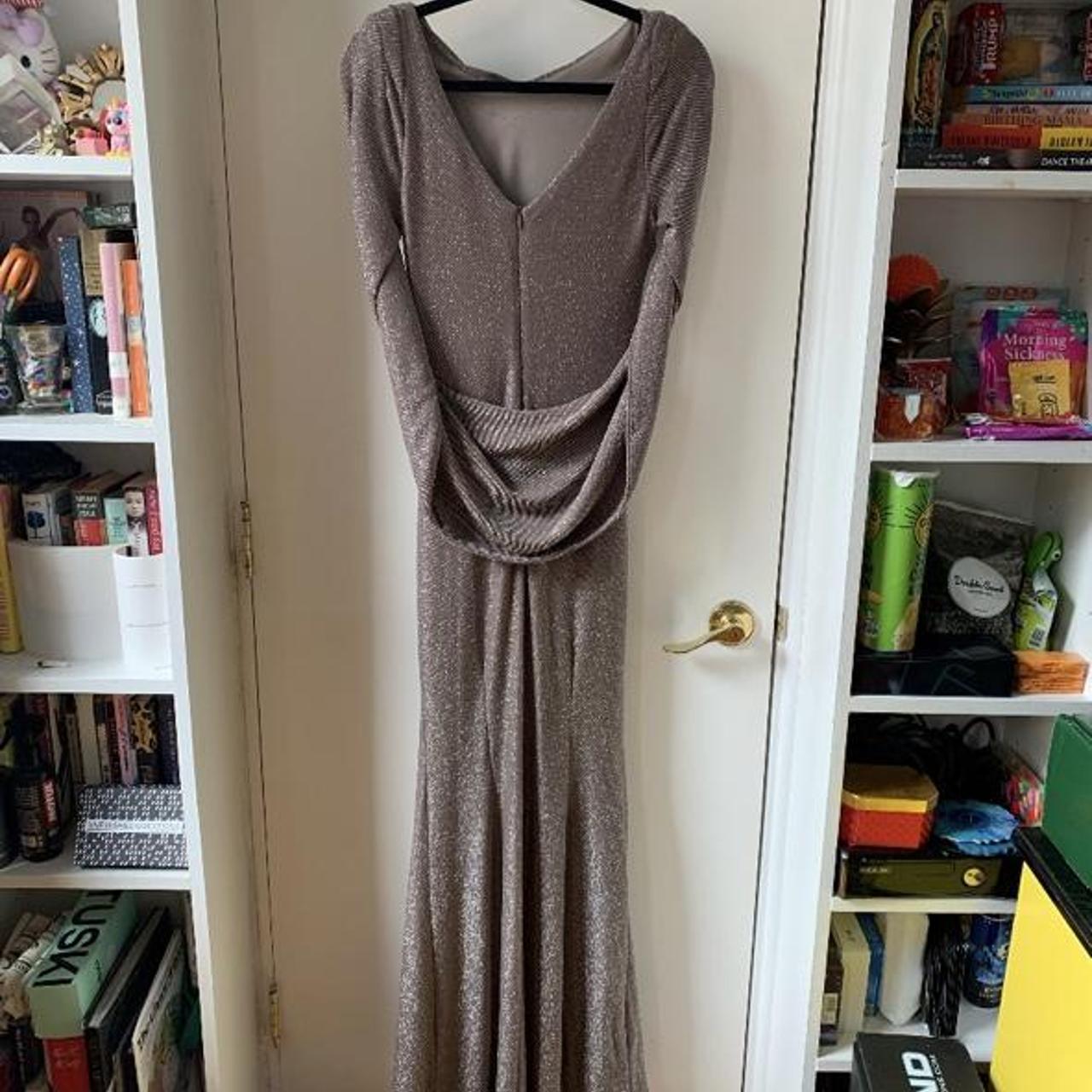 Betsy & Adams Shimmery Maxi Gown with Draped Sleeves... - Depop