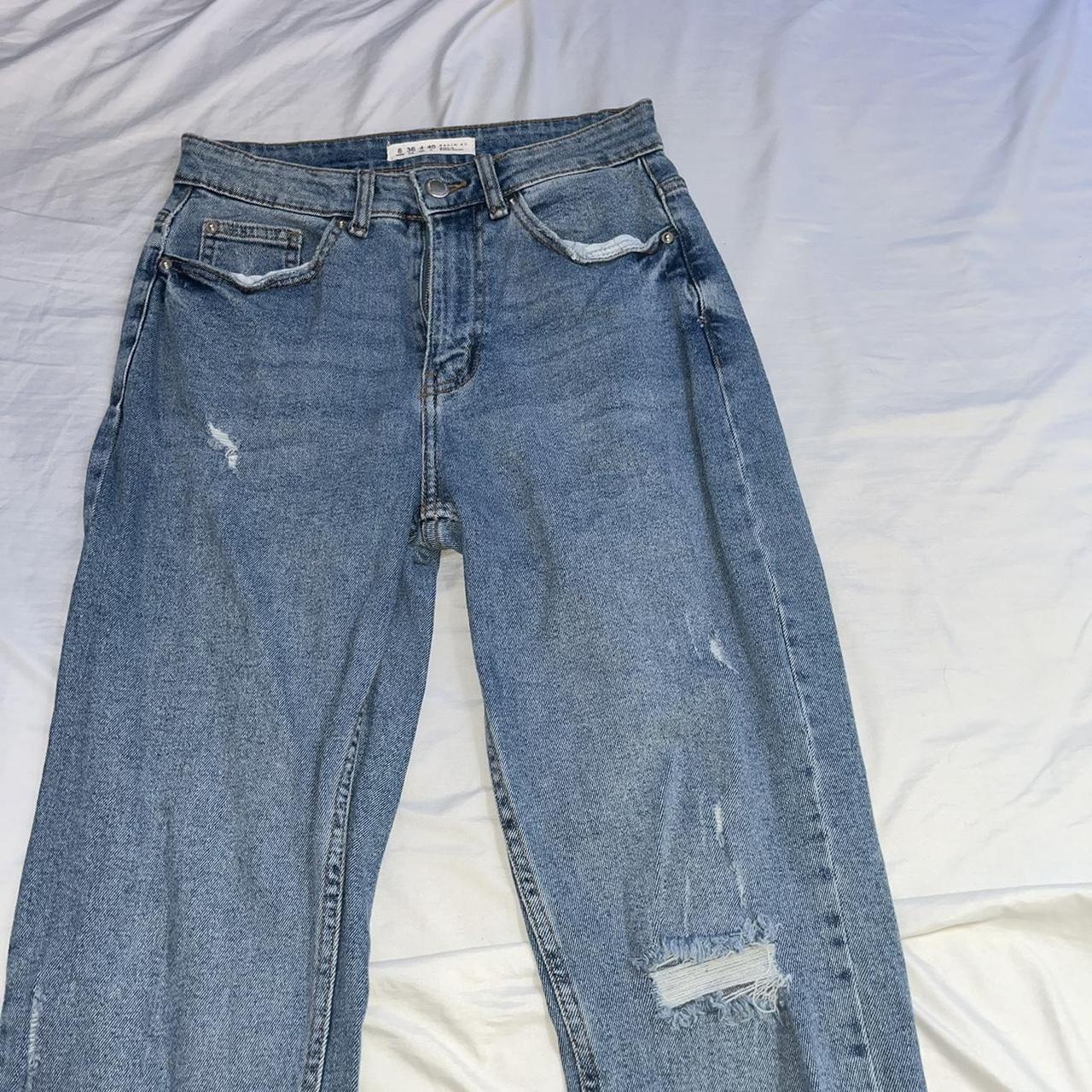 mom jeans blue ripped size 8 straight leg baggy... - Depop