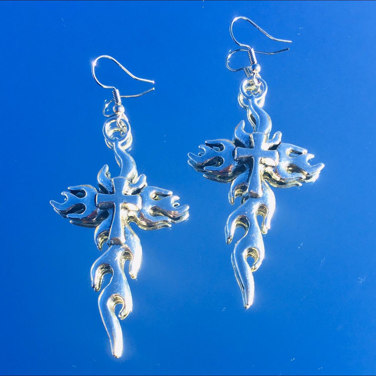 badass flaming cross earrings •handmade w luv 🖤... Depop