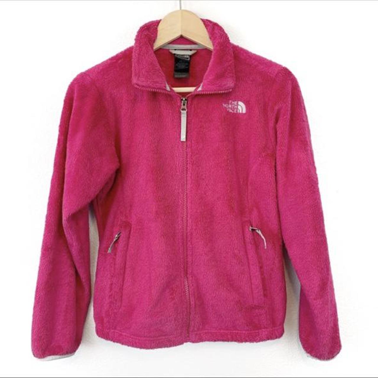 hot pink fuzzy north face jacket