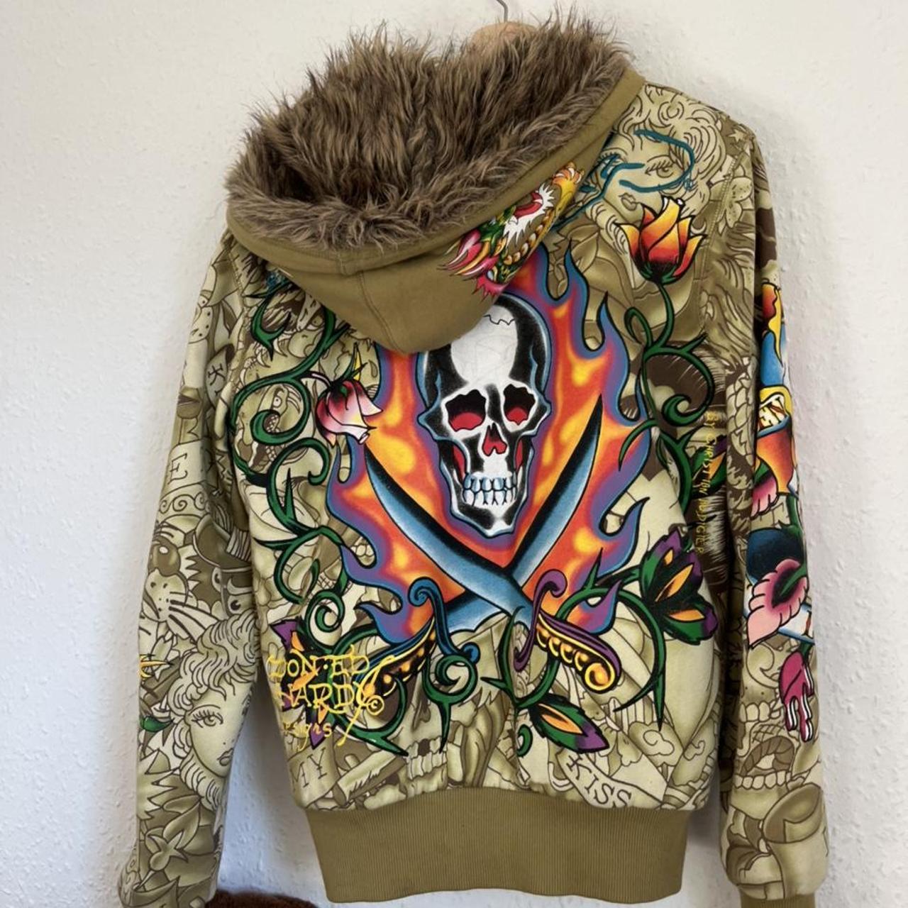 Green Ed hardy hoodie w fur hood :) | Depop