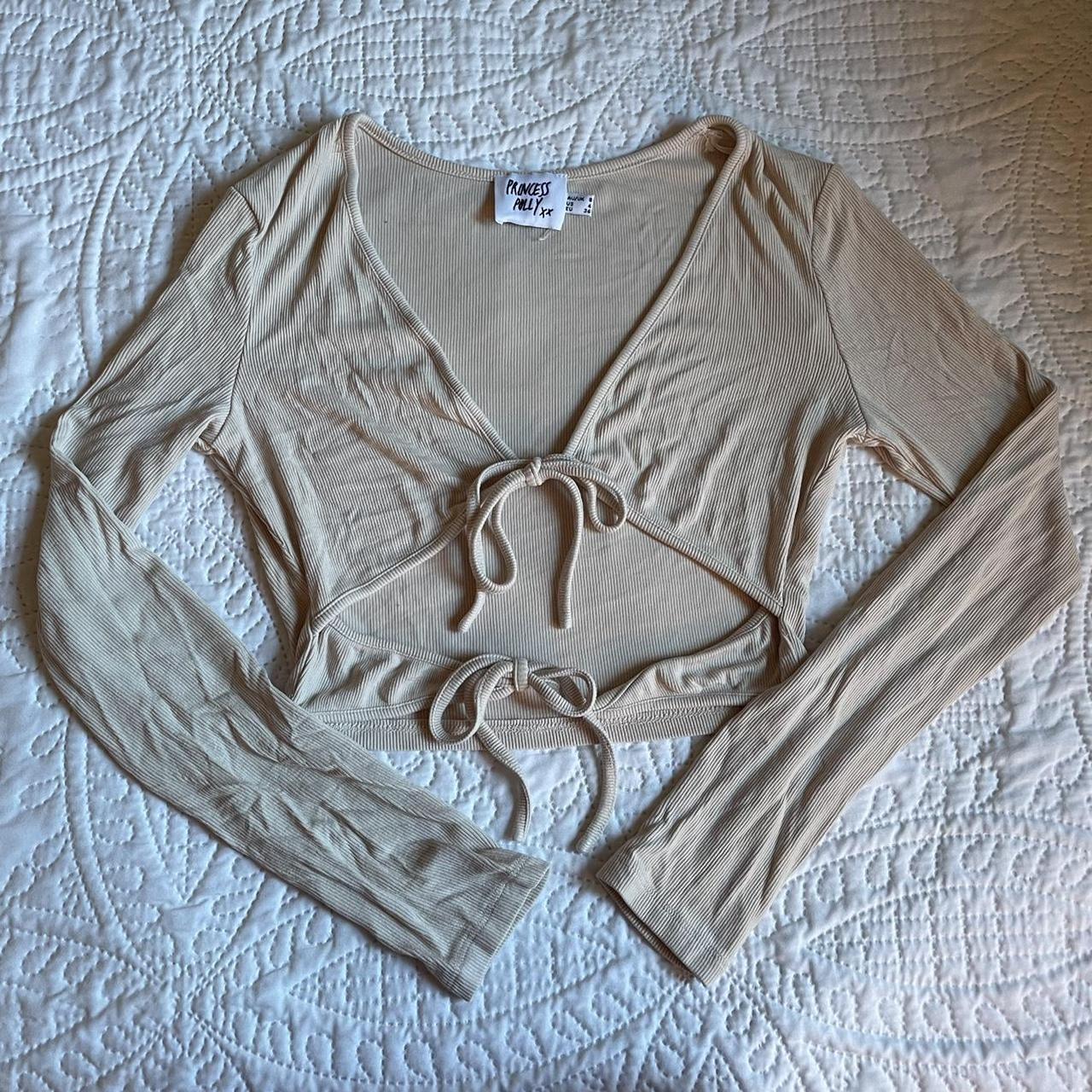 Princess polly beige long sleeve tie top, size 4,... Depop