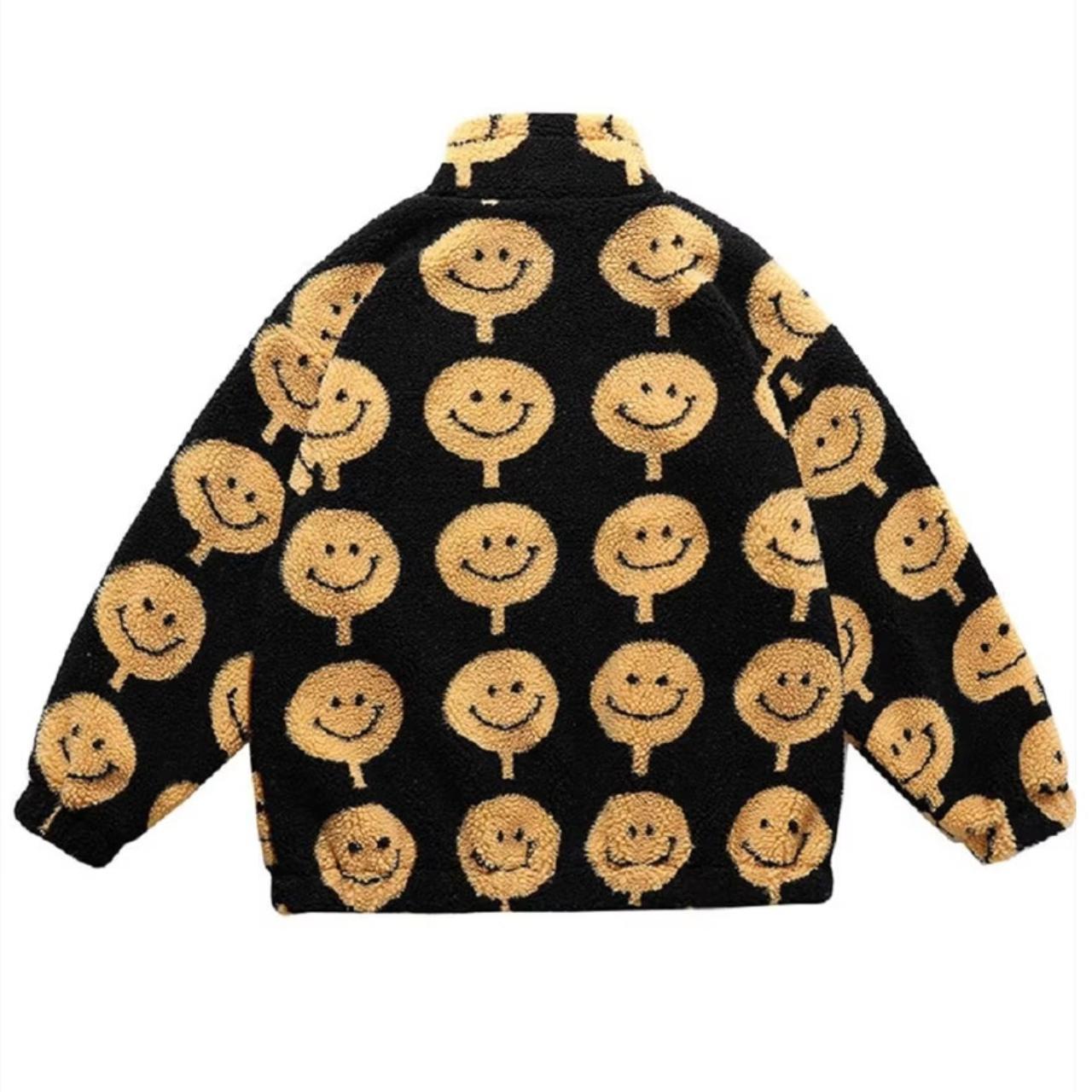 Emoji fleece jacket faux fur smiley print bomber in... - Depop