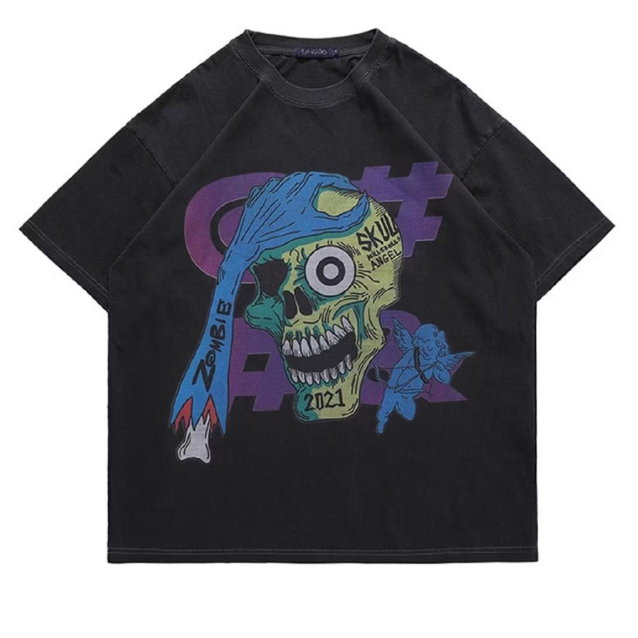 Skeleton print t-shirt Y2K tee crazy skull top in... - Depop