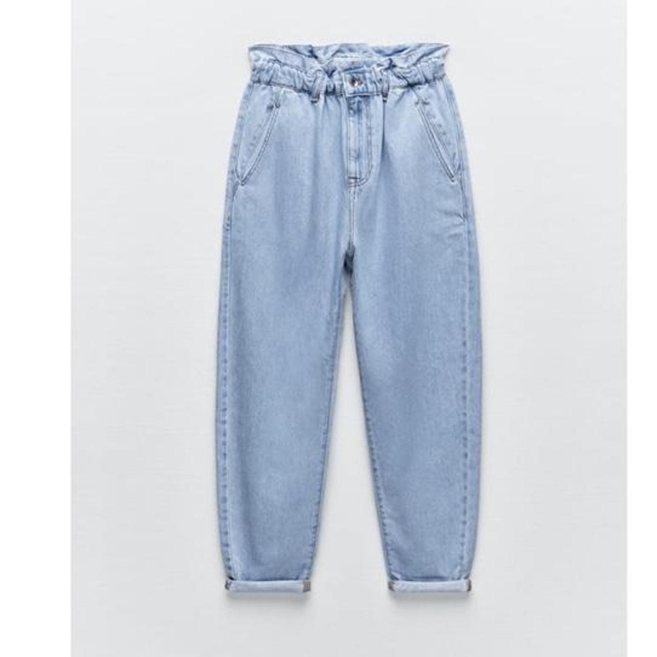 Zara paper bag jeans light blue Size small Worn... Depop