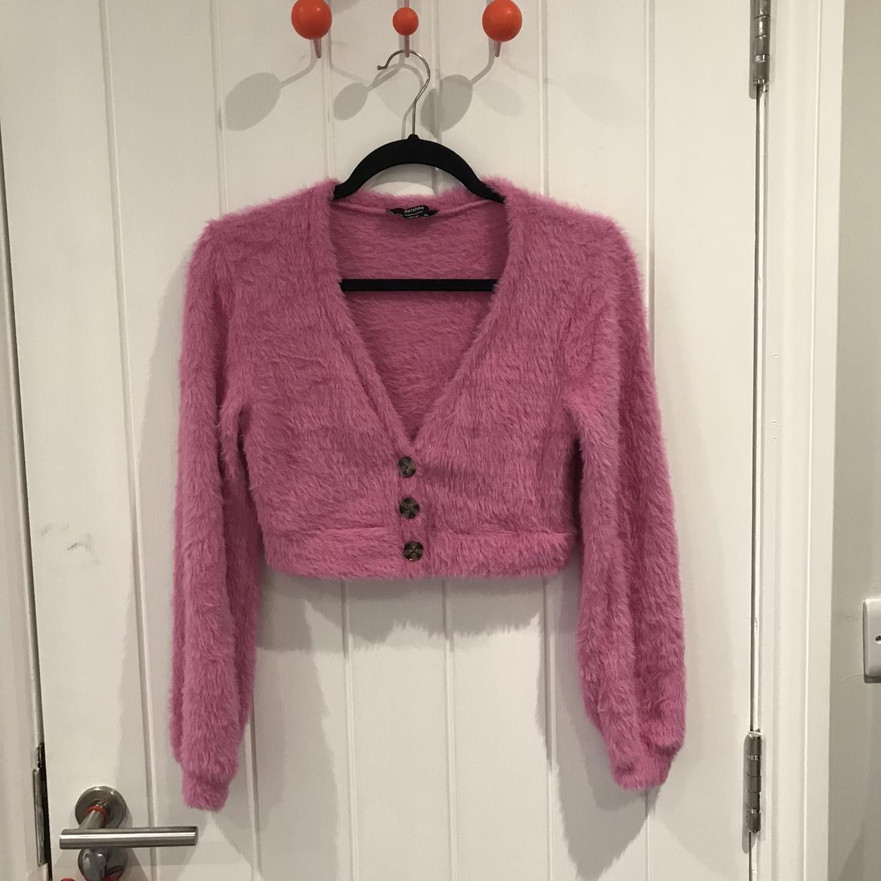 pink fluffy cropped cardigan