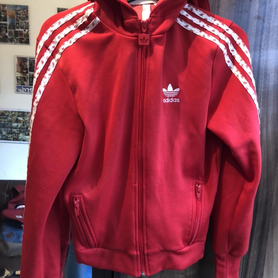 Red adidas zip hot sale up hoodie womens