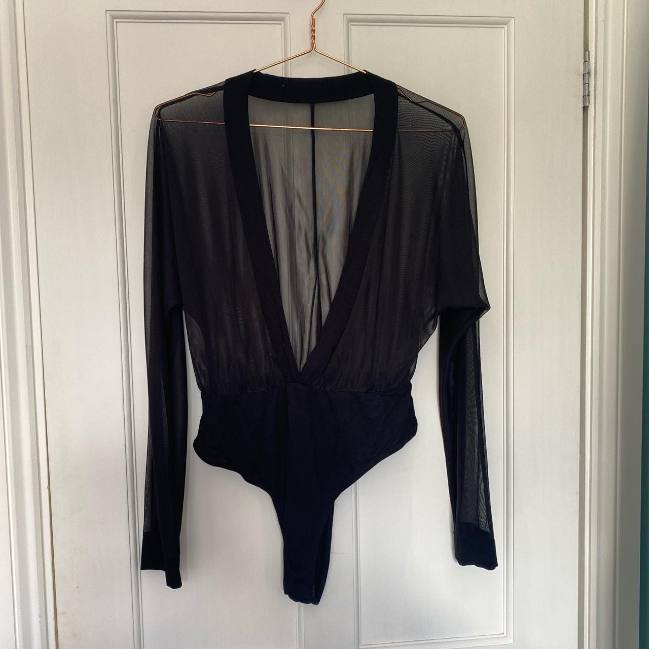 black sheer 70s style open front bodysuit with long... - Depop