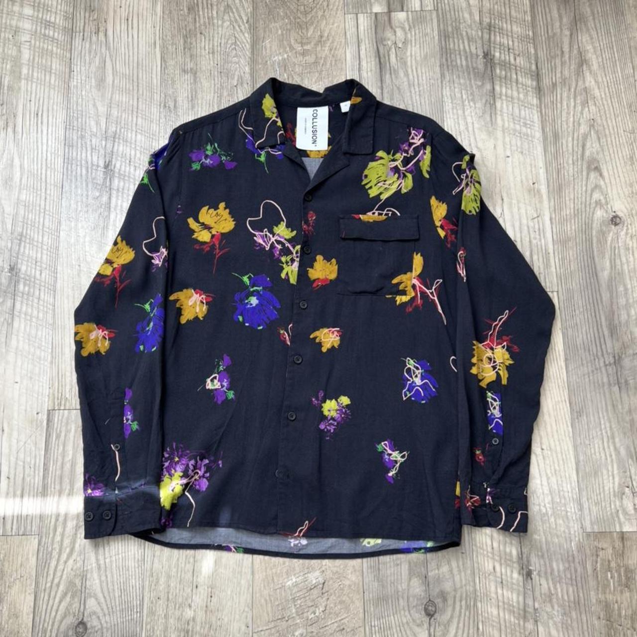 floral long sleeve collusion shirt barely used,... - Depop