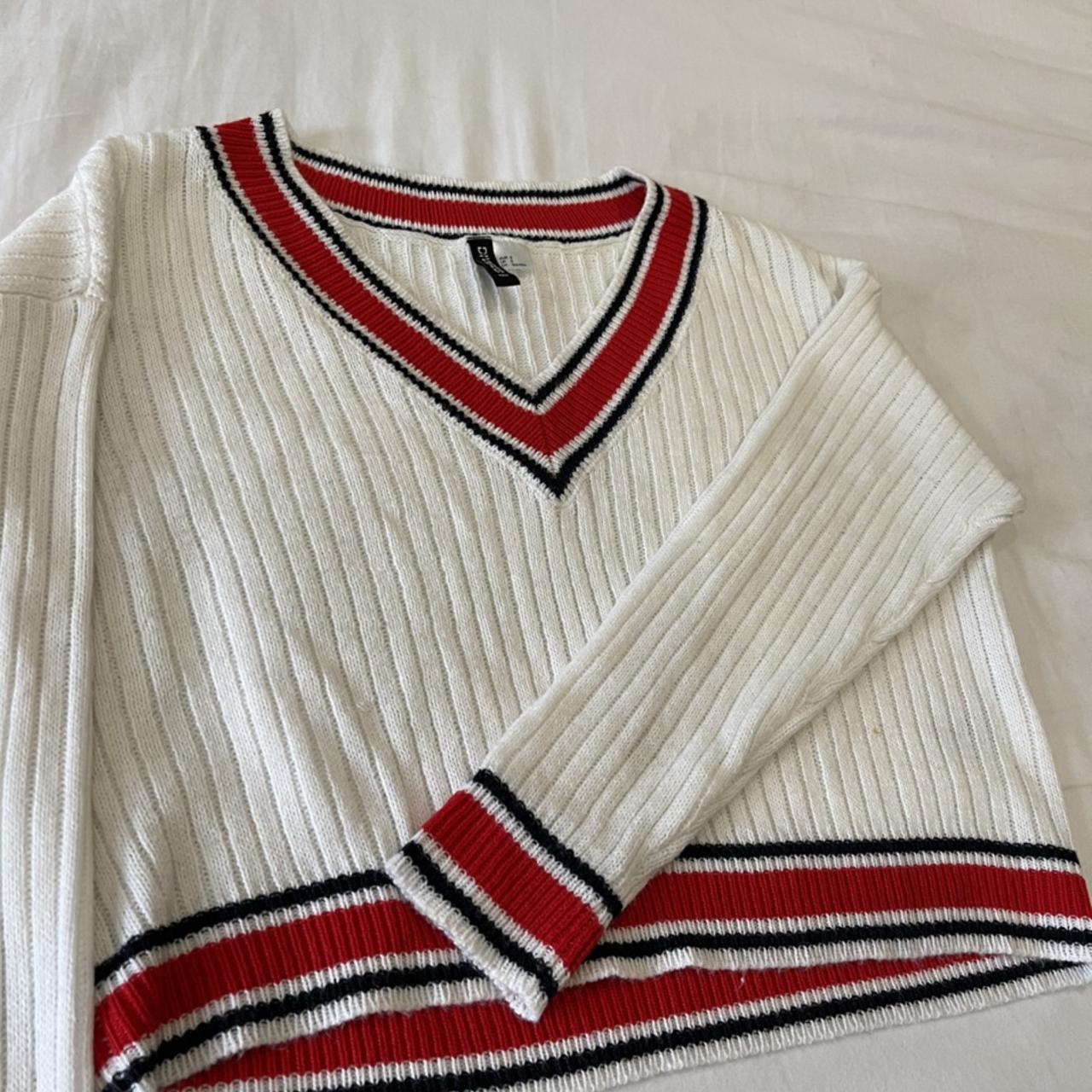 Cream cropped jumper with red and navy trimming... - Depop