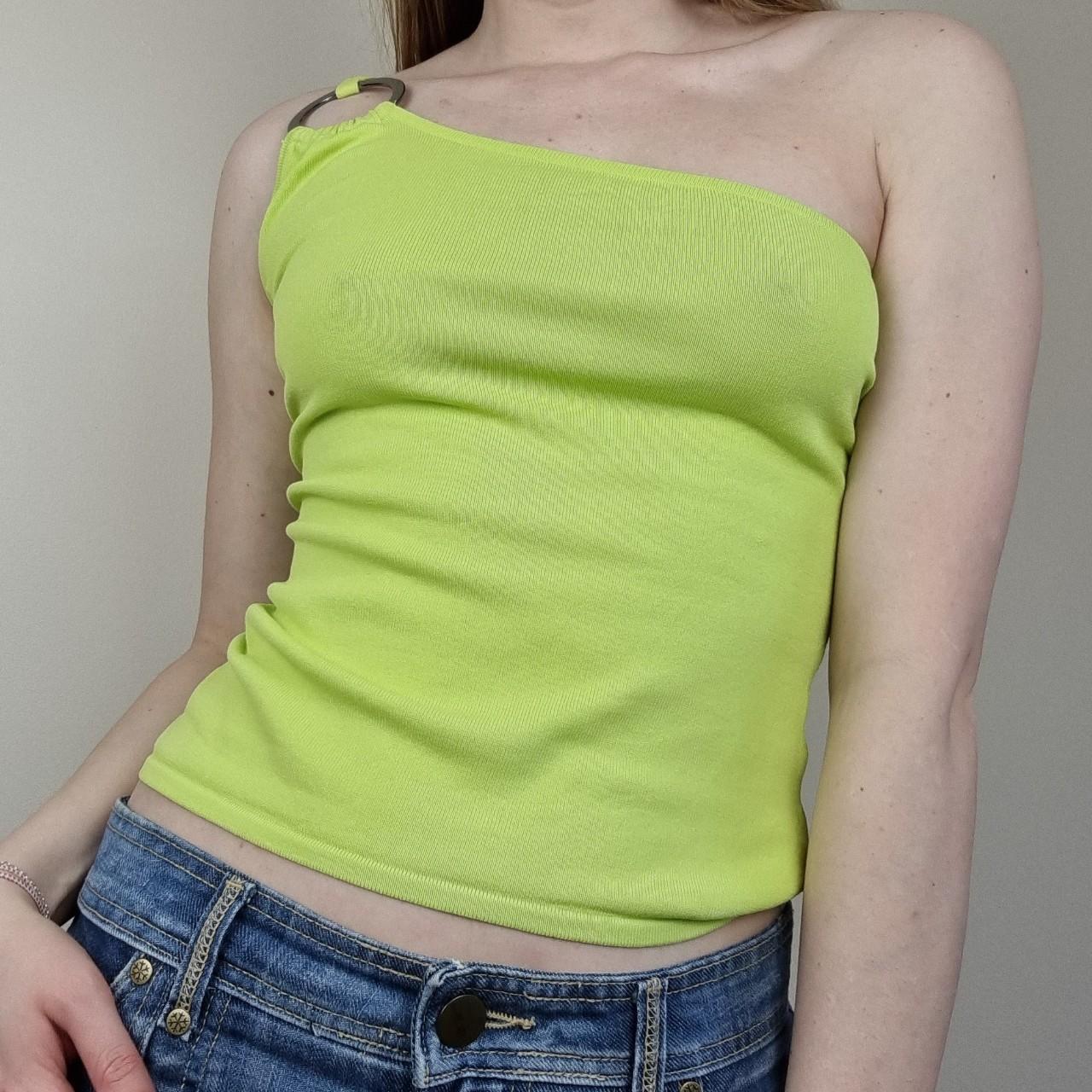 pretty y2k one shoulder top in bright green with... - Depop