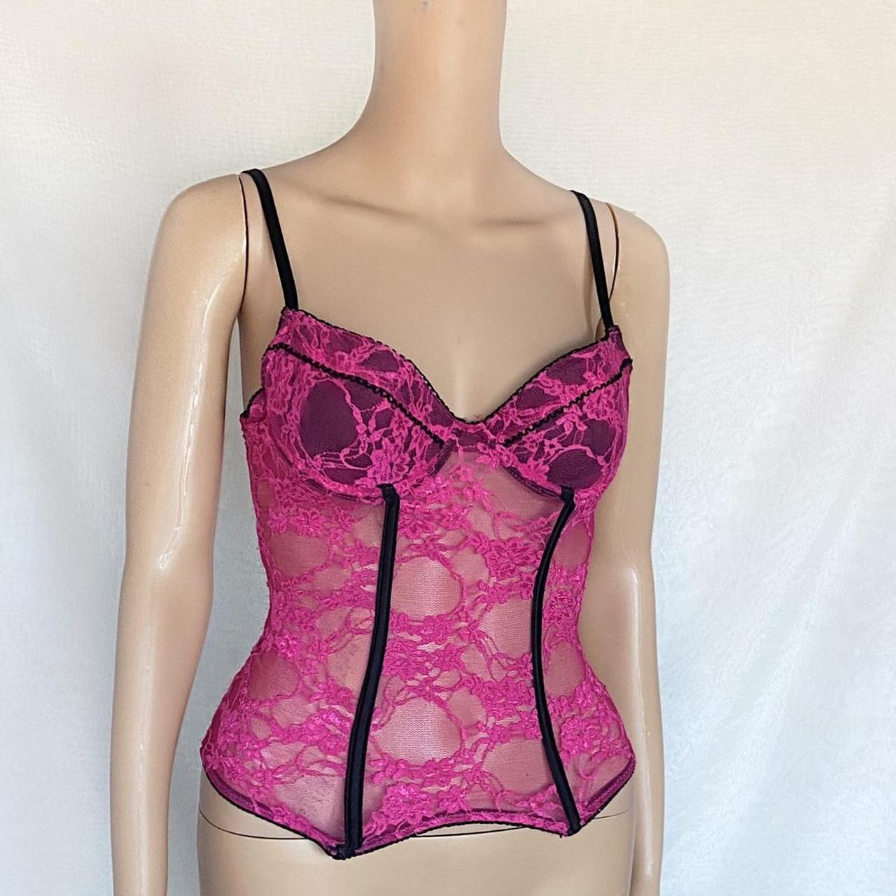 Pink/black lace bustier corset top 38B 30C... Depop