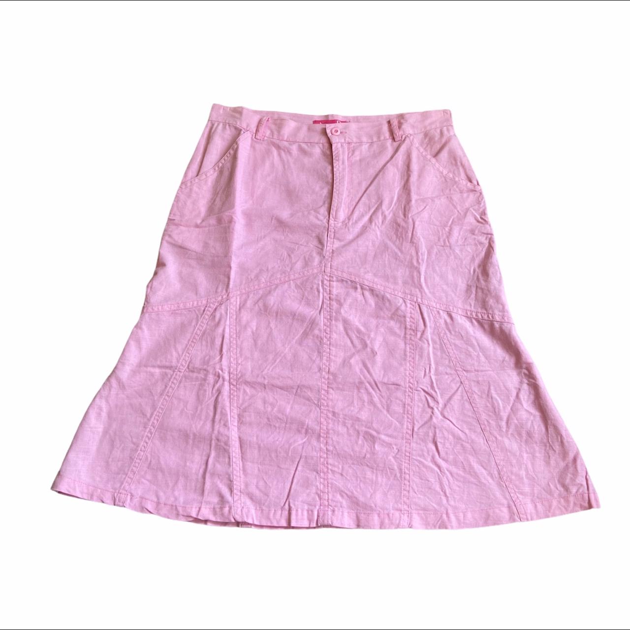 pink linen midi skirt 00s summer skirt labelled... - Depop