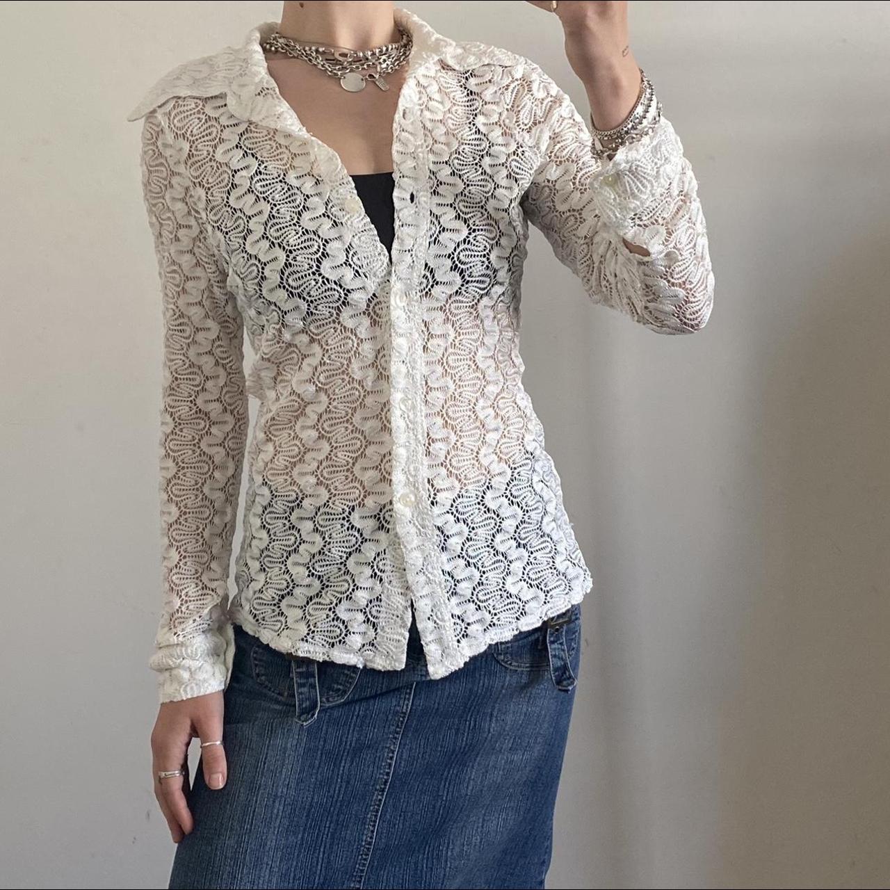 white crochet shirt y2k vintage shirt with... - Depop