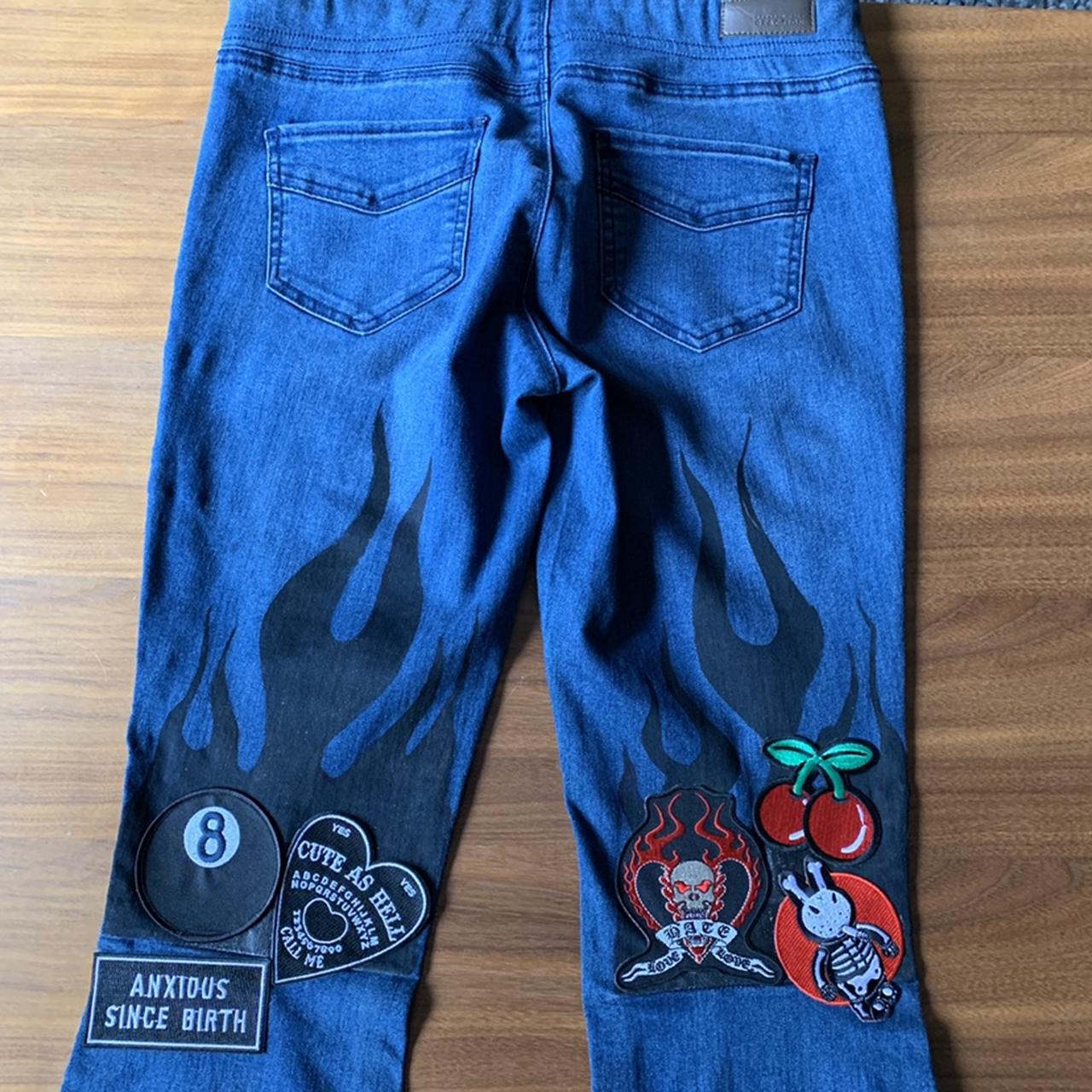 Bad Ass Fire Flame Flare Jeans with Patches Size... - Depop