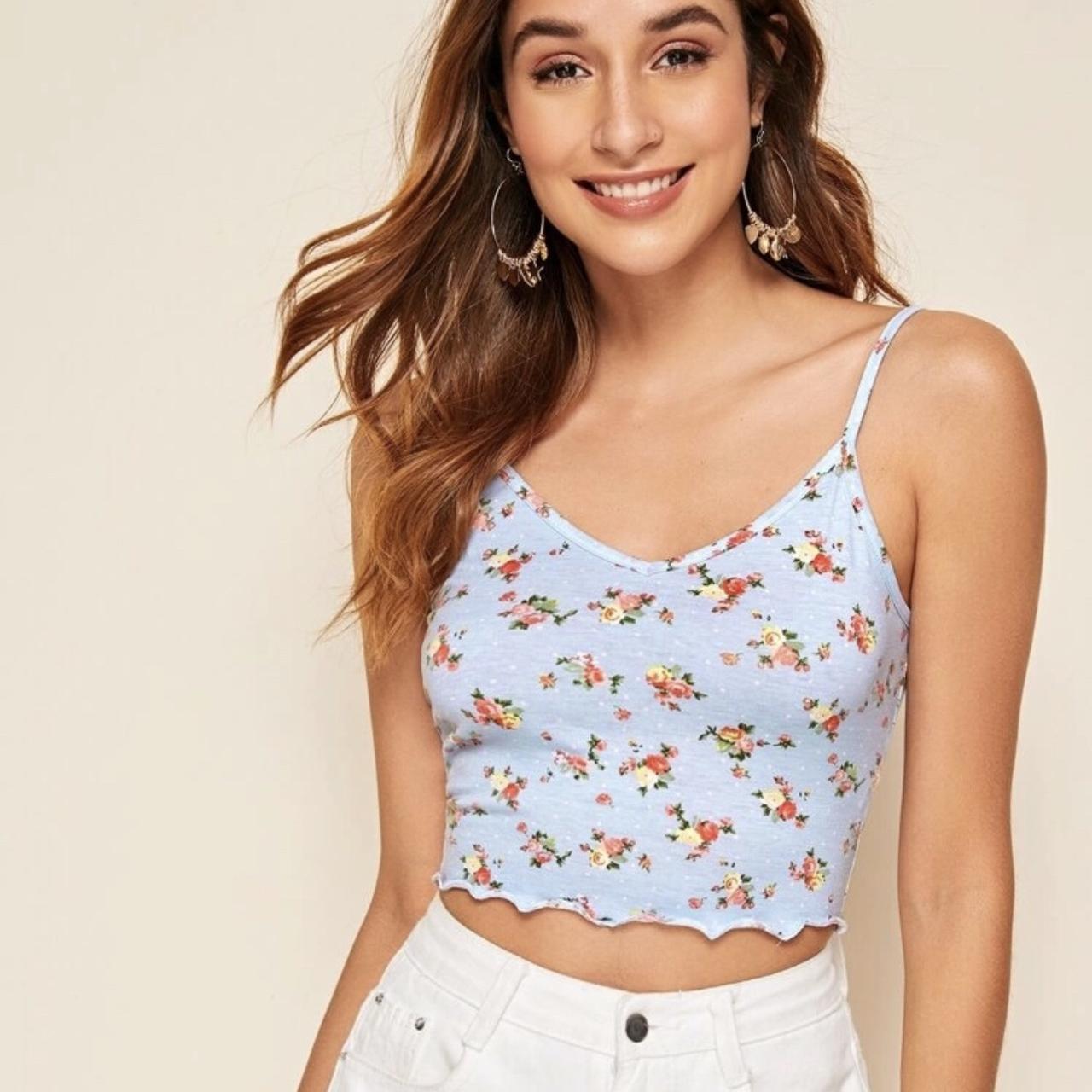 cutest blue floral crop top lettuce edge size... Depop