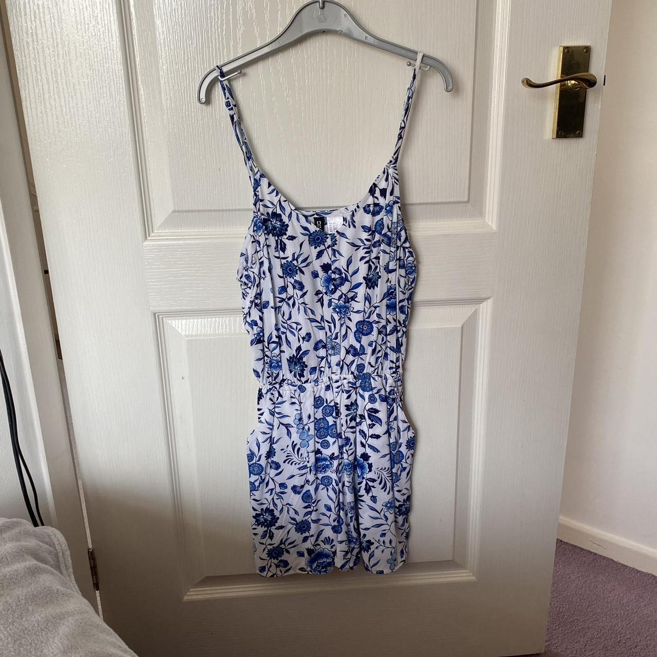 h&m white and blue floral playsuit (strap romper)... - Depop