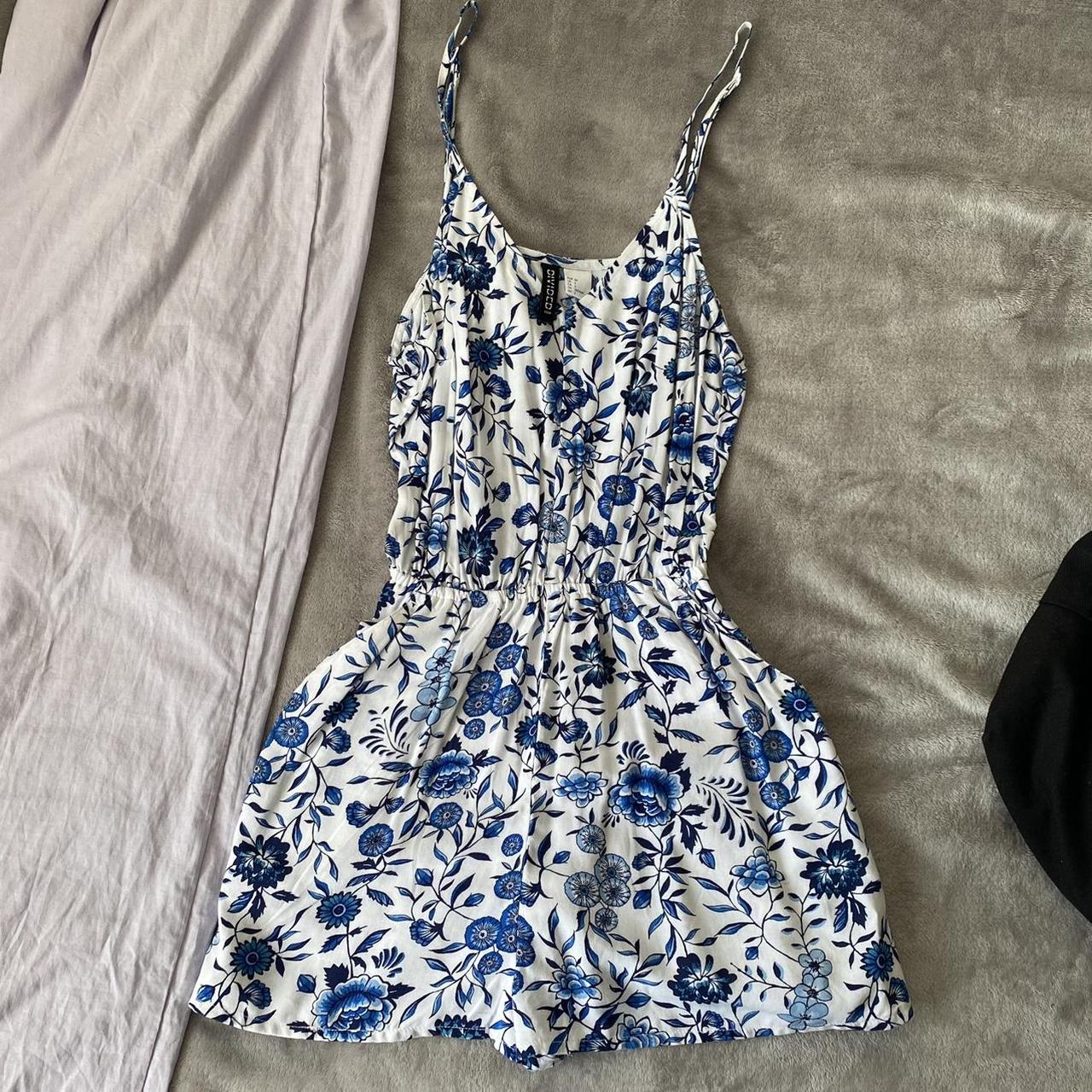 h&m white and blue floral playsuit (strap romper)... - Depop