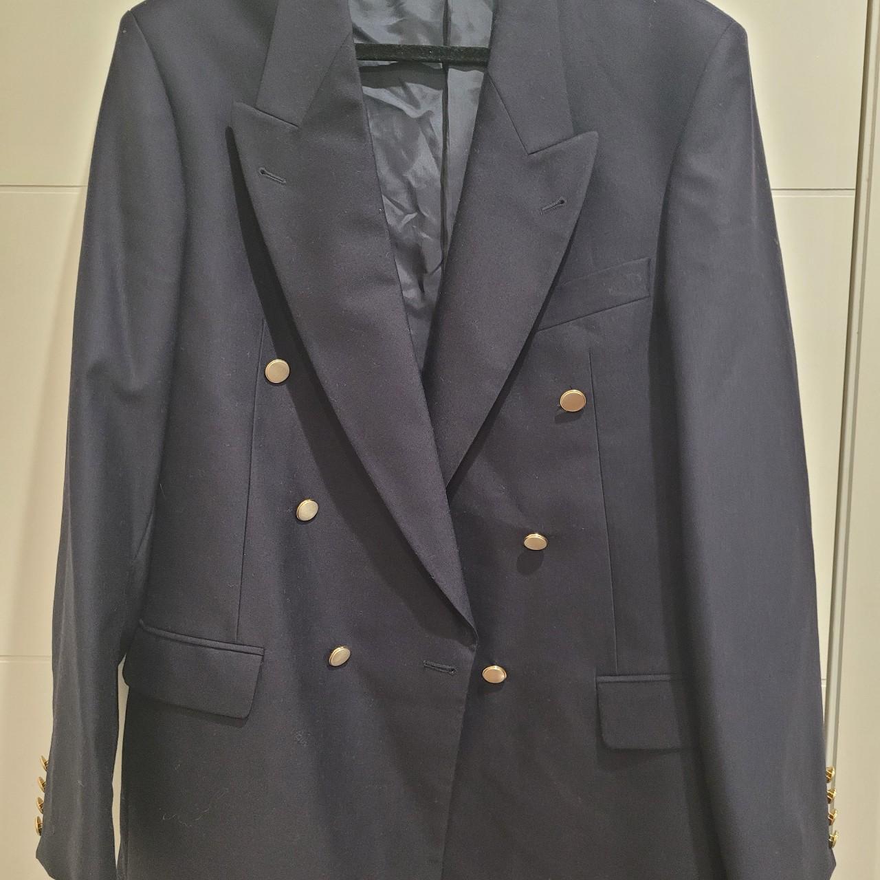 Men's double breasted navy wool suit jacket.... - Depop