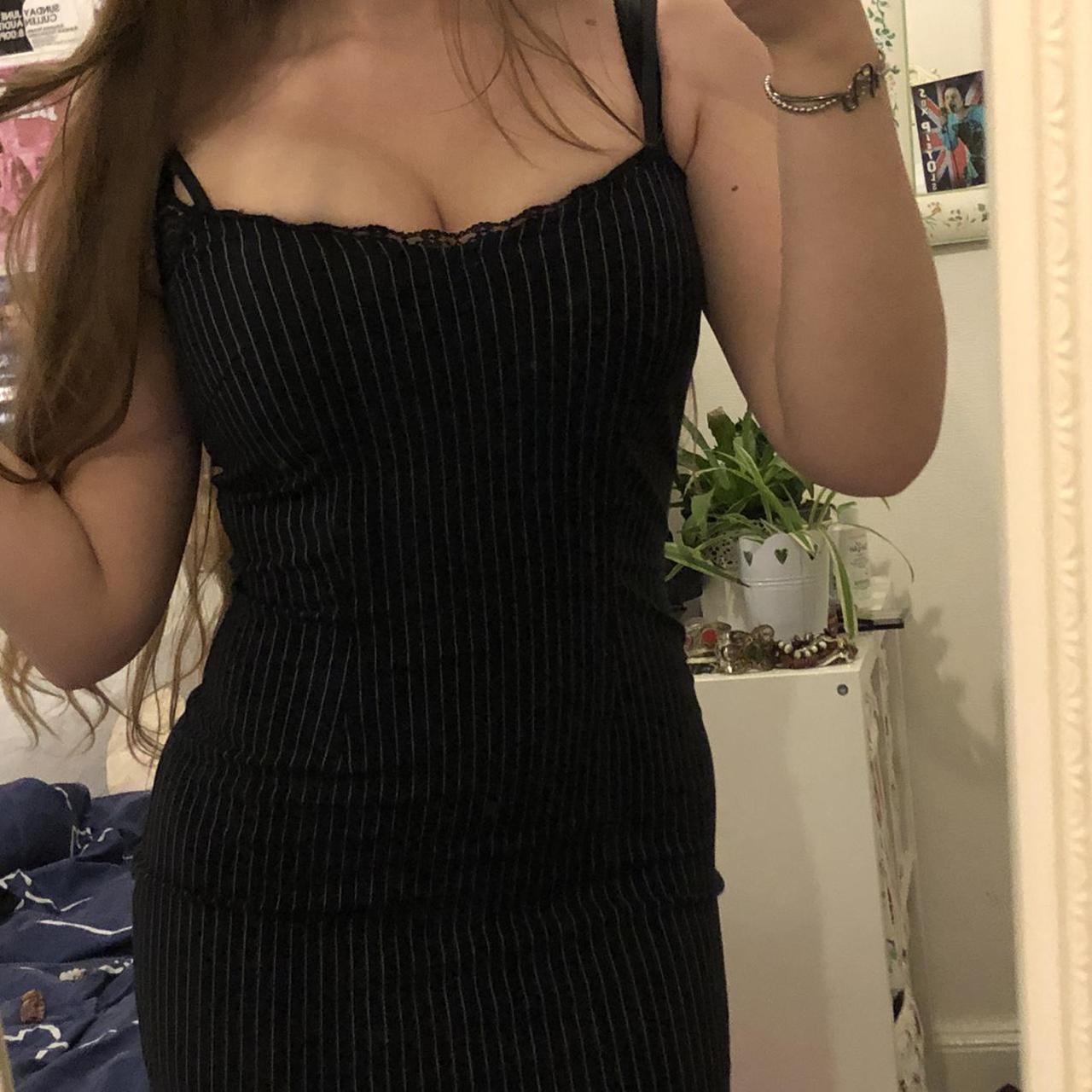 Y2k black pinstripe fitted bodycon mini dress with... Depop