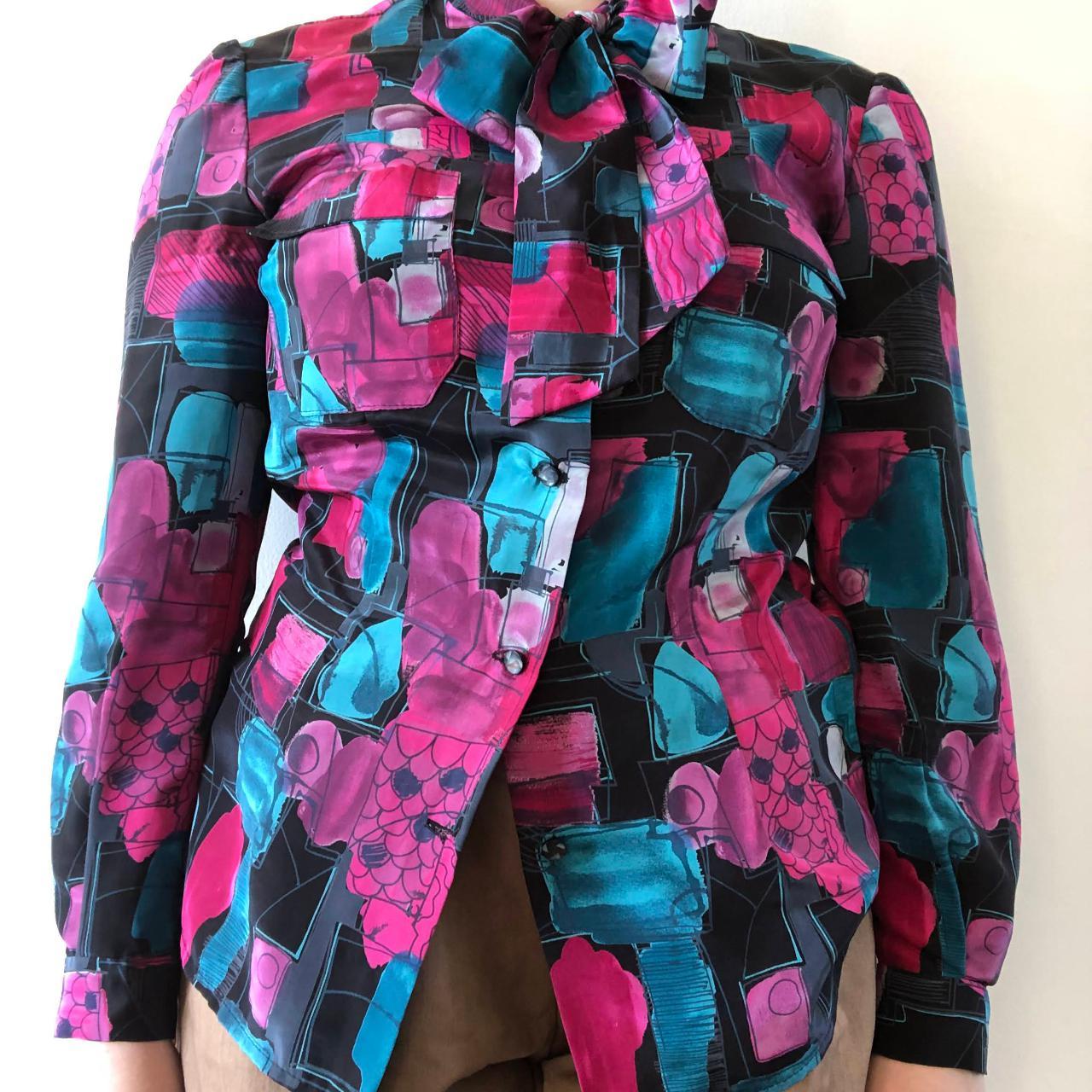 Colorful pink, blue, and black tie neck blouse... - Depop