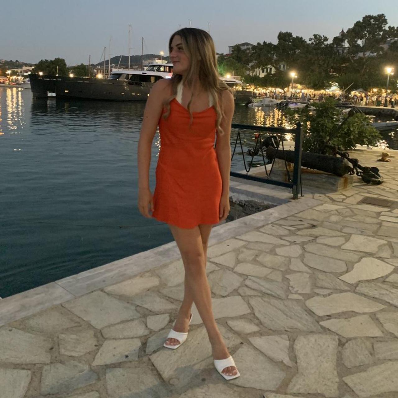 zara orange satin mini dress size S with back... - Depop