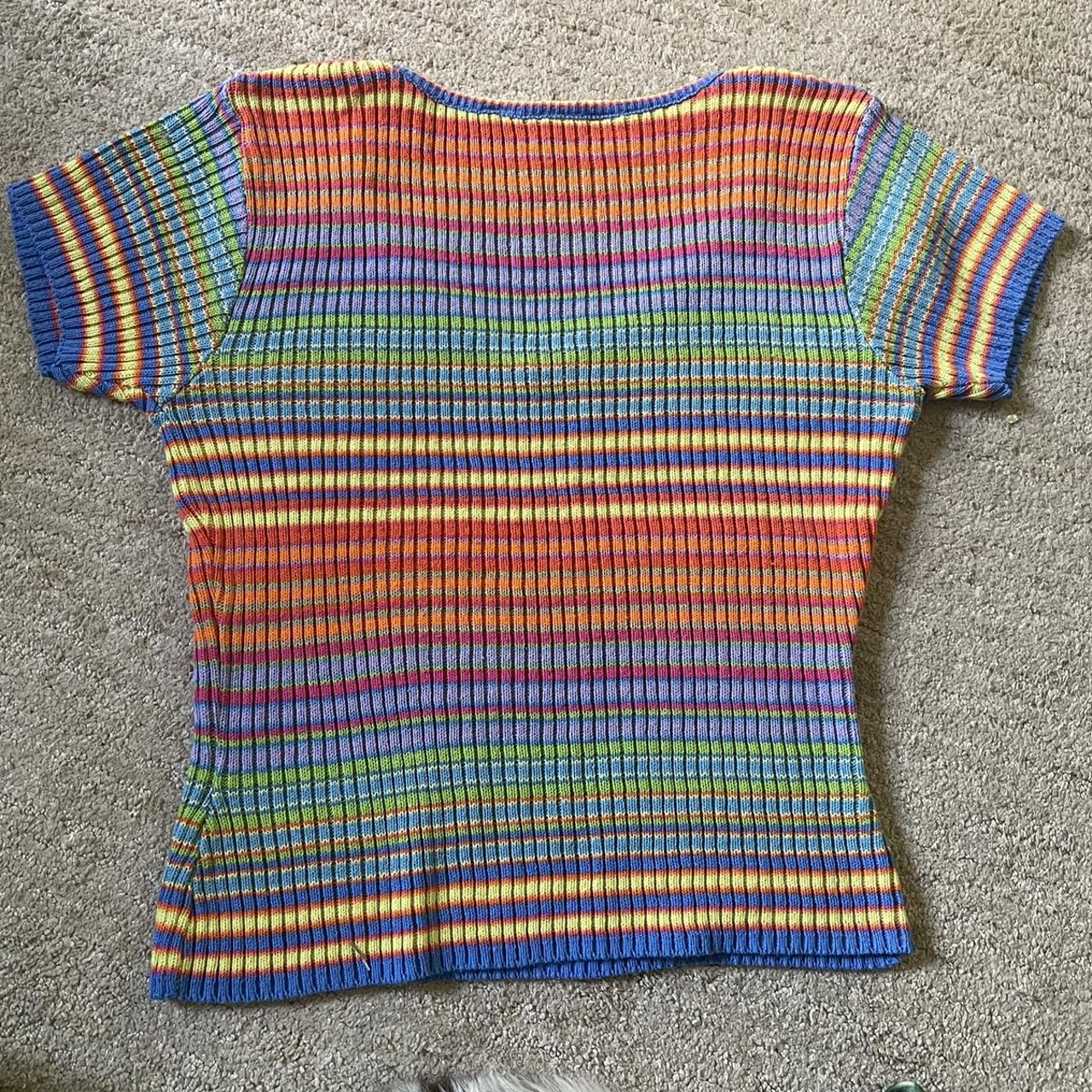 90s Vintage Rainbow Stripped Ribbed Knit Tshirt... - Depop