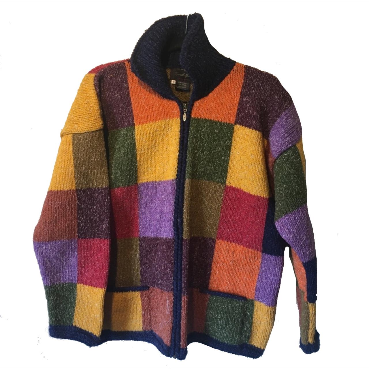 90s Vintage Chunky Patchwork Sweater Cardigan... - Depop