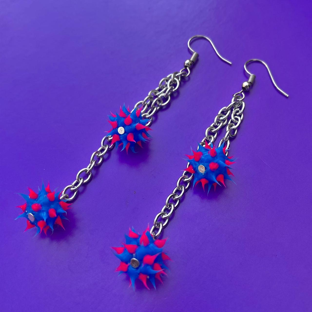 Blue & Hot Pink Spiked Rubber Virus-Looking Dangle Earrings (D007)