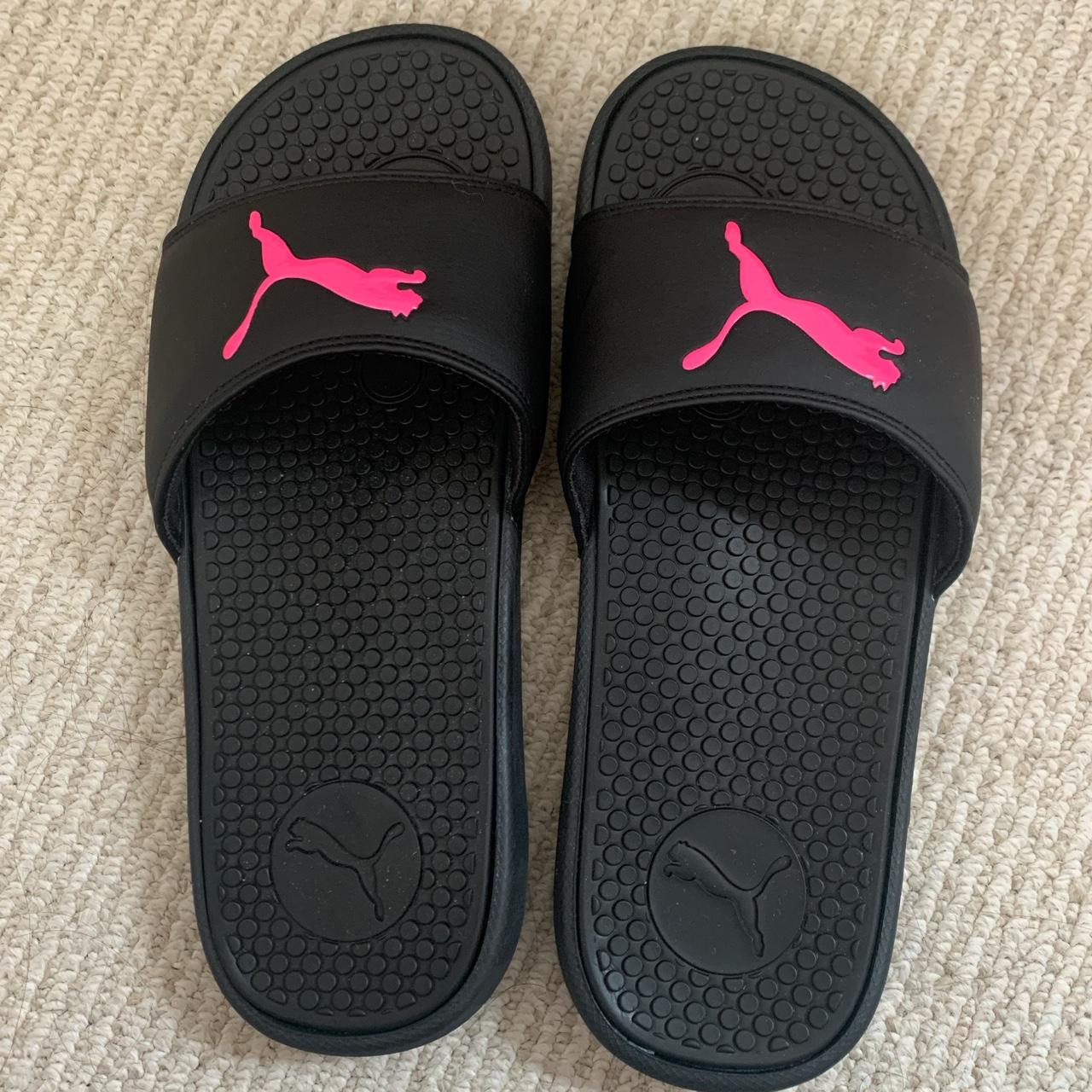 Black puma slides with hot pink detailing. Never... - Depop