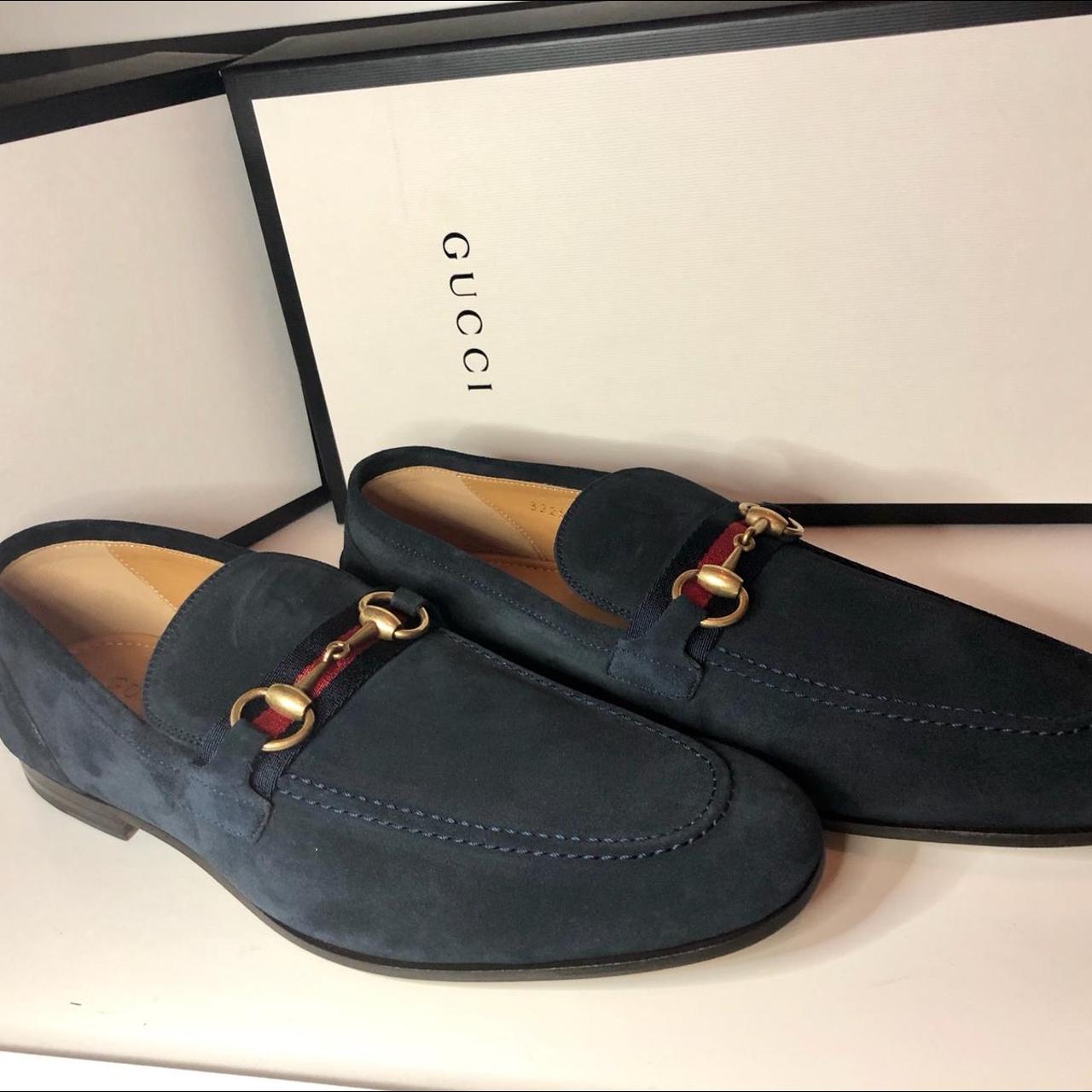 Navy blue suede Gucci loafers with branded... - Depop