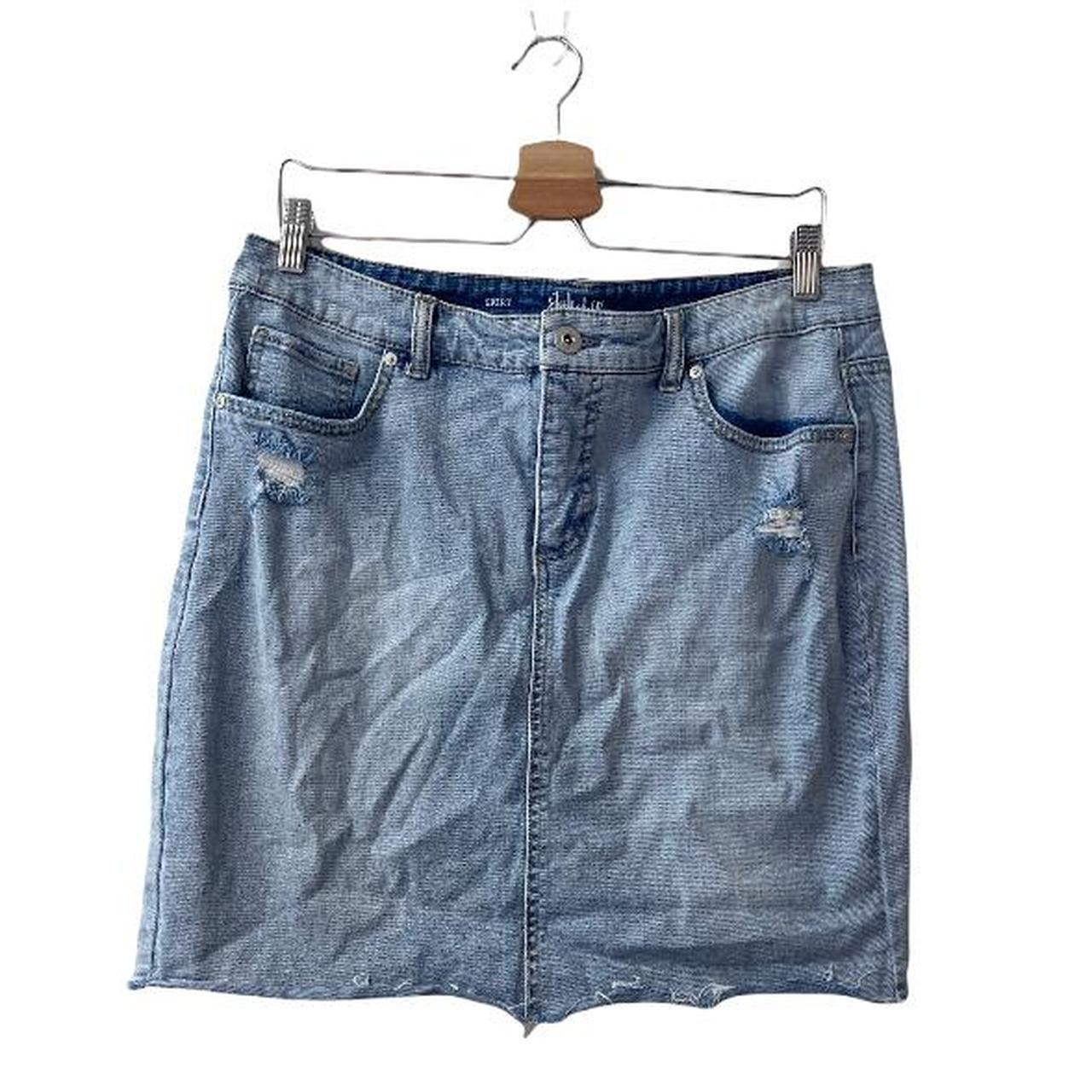 Style & co denim skirt with distressing and raw hem... - Depop