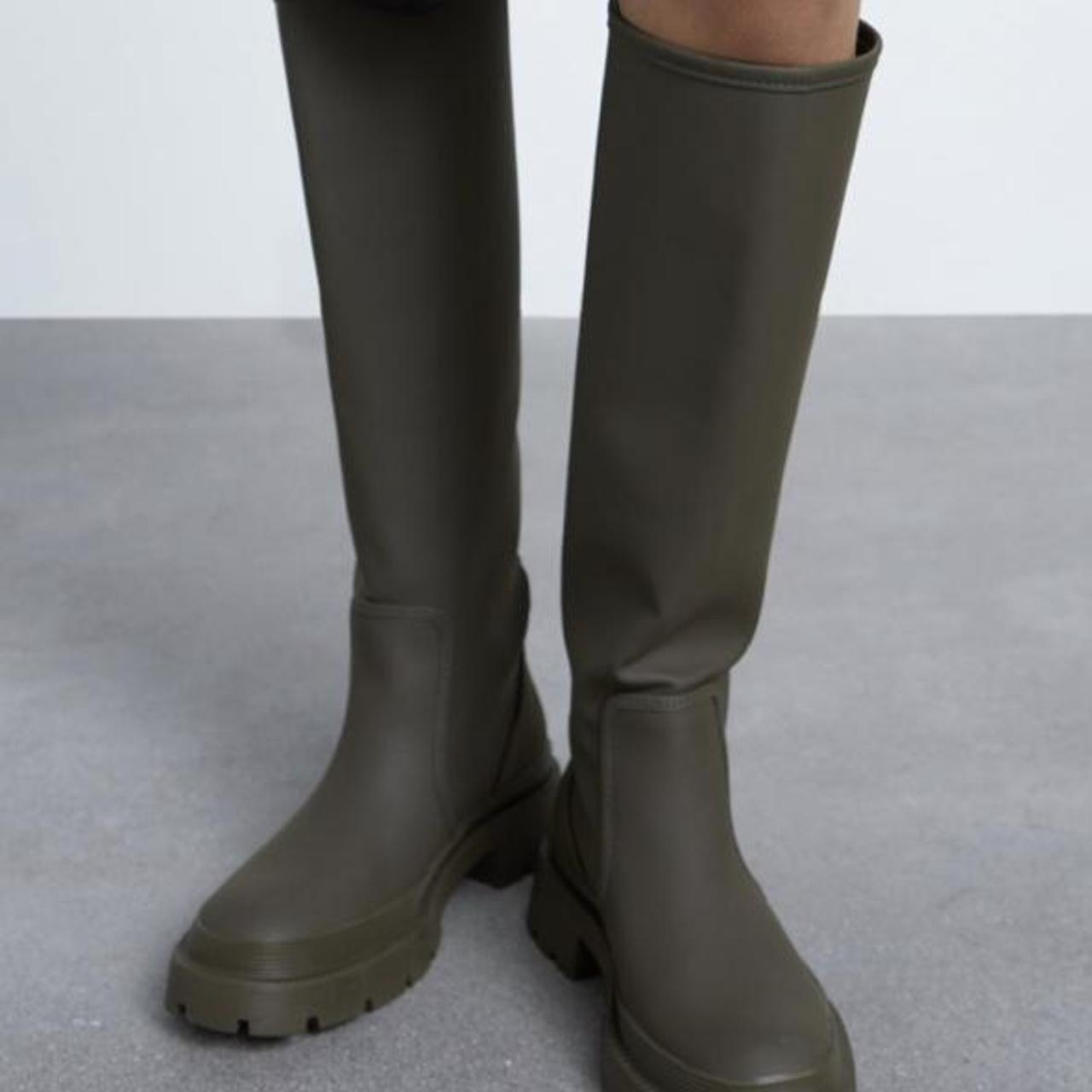ZARA long rubberised Boots in khaki. selling without... Depop