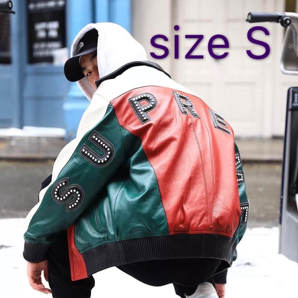 Supreme 18S/S Studded Arc Logo Leather Jacket Black... - Depop