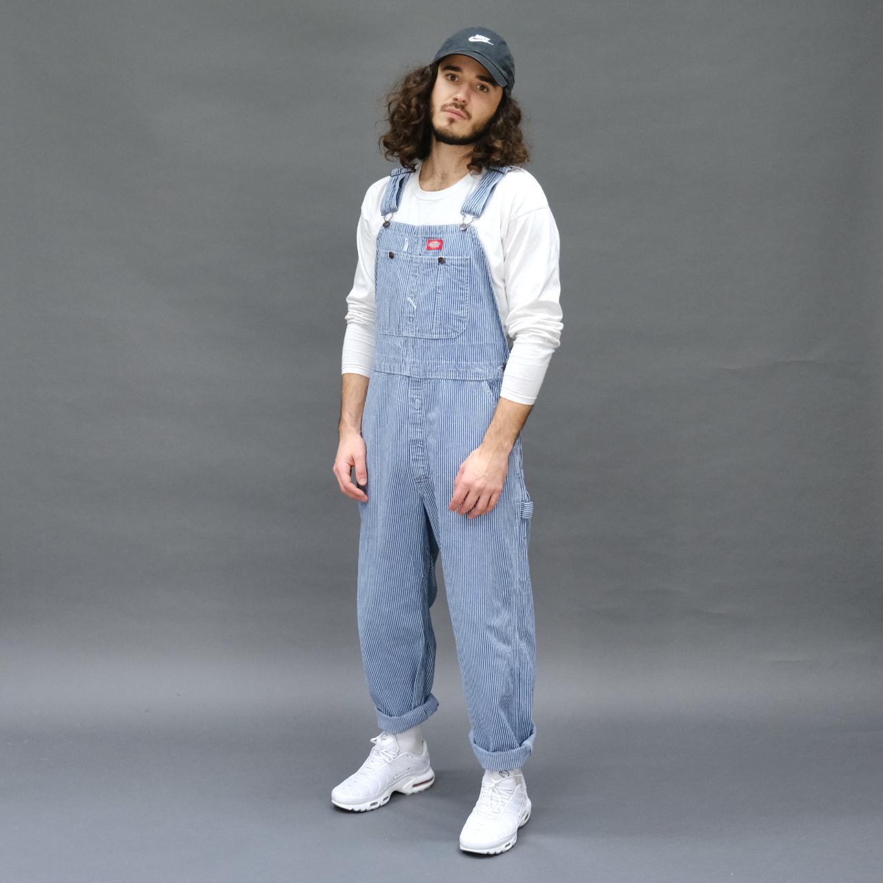 Vintage Dickies Dungarees in White and Blue stripes.... - Depop