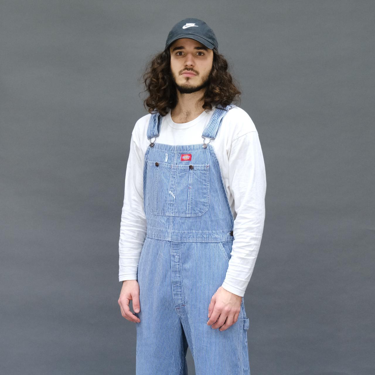 Vintage Dickies Dungarees in White and Blue stripes.... - Depop