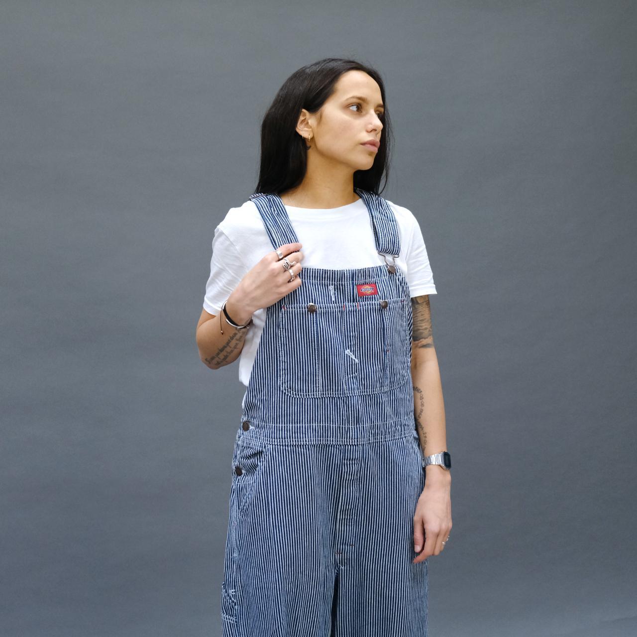 Vintage Dickies Dungarees in White and Blue Stripes.... Depop