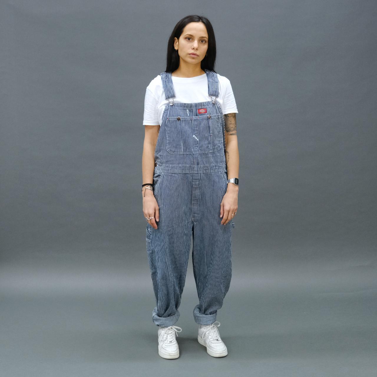 Vintage Dickies Dungarees in White and Blue Stripes.... - Depop