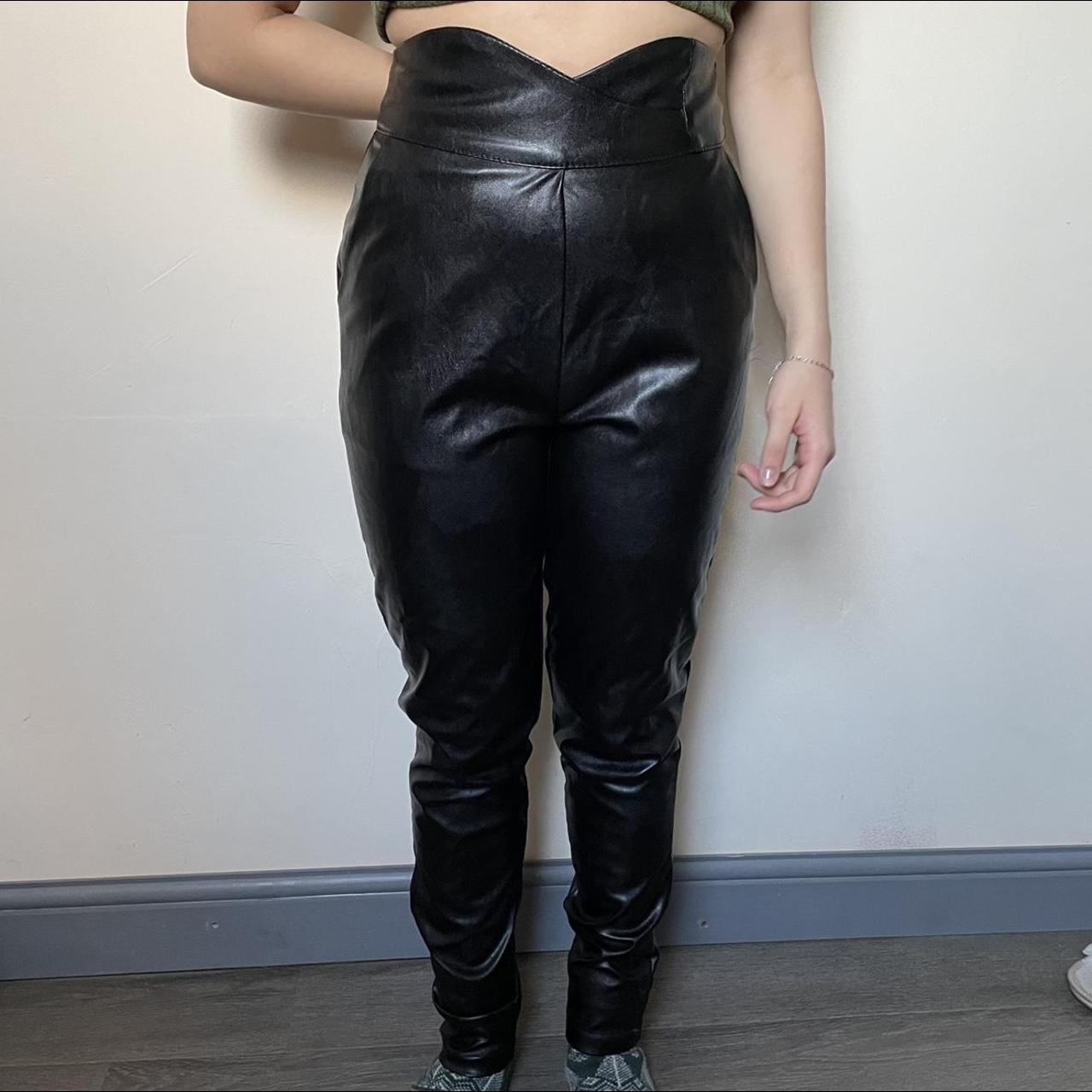 Flattering v shaped waist black leather trousers... - Depop
