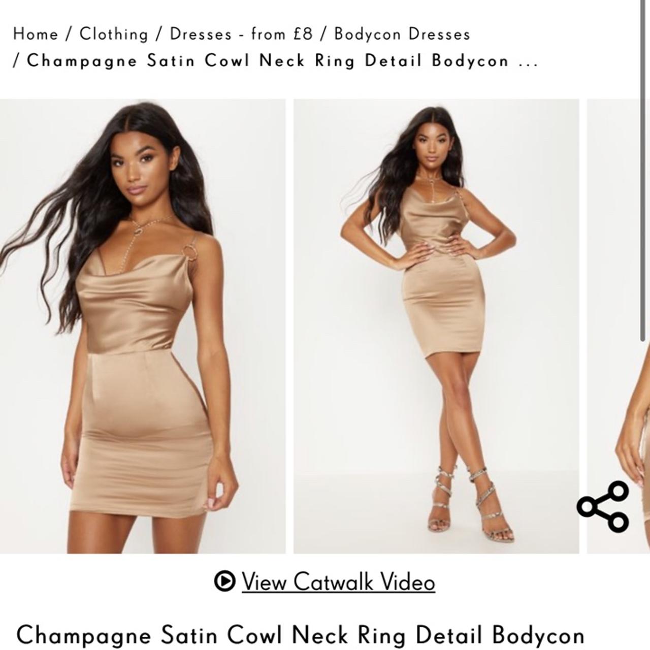 Champagne Satin Cowl Neck Ring Detail Bodycon Dress