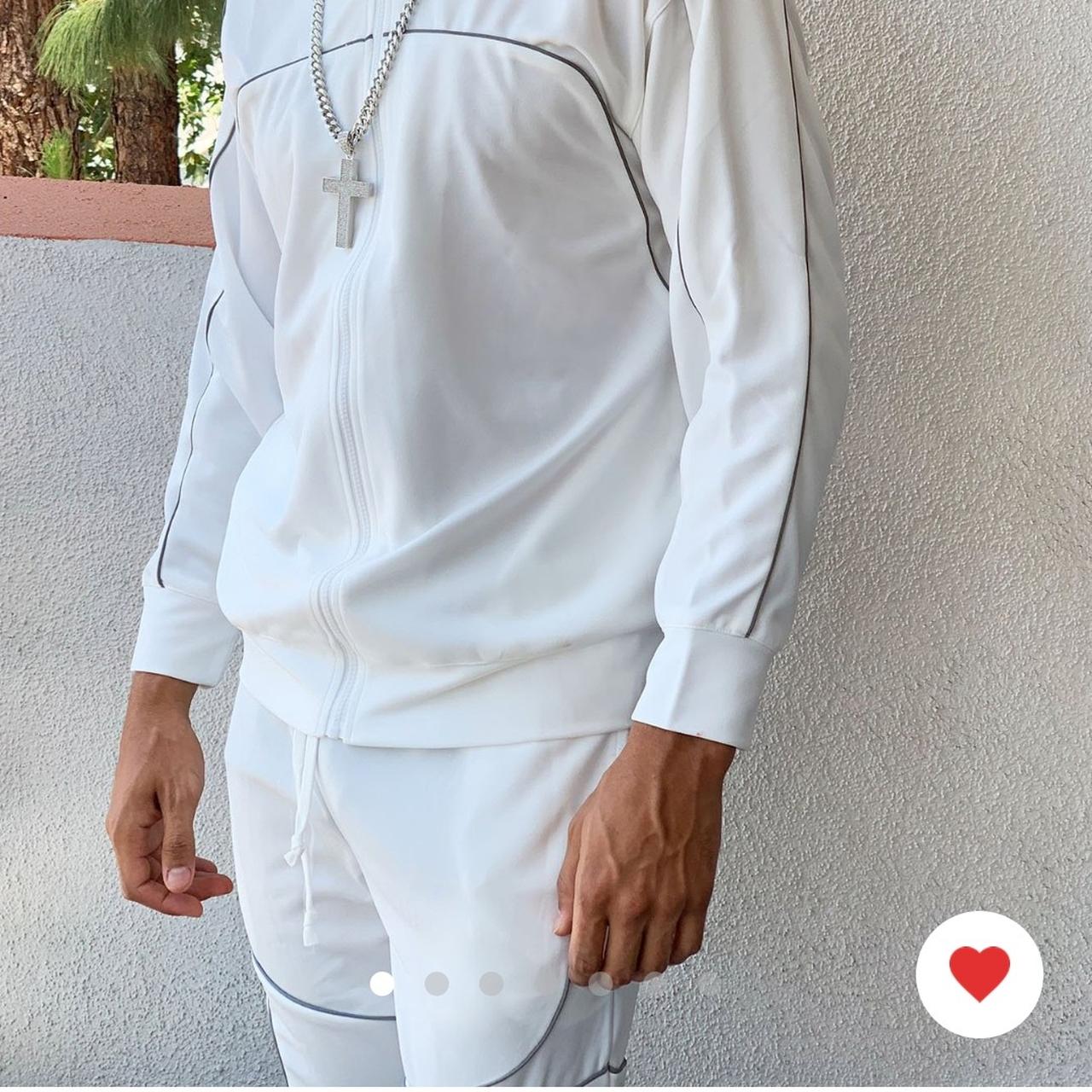 Fashion Nova Men Tracksuit 2026.Fashion nova mens white reflective tracksuit Jacket... - Depop